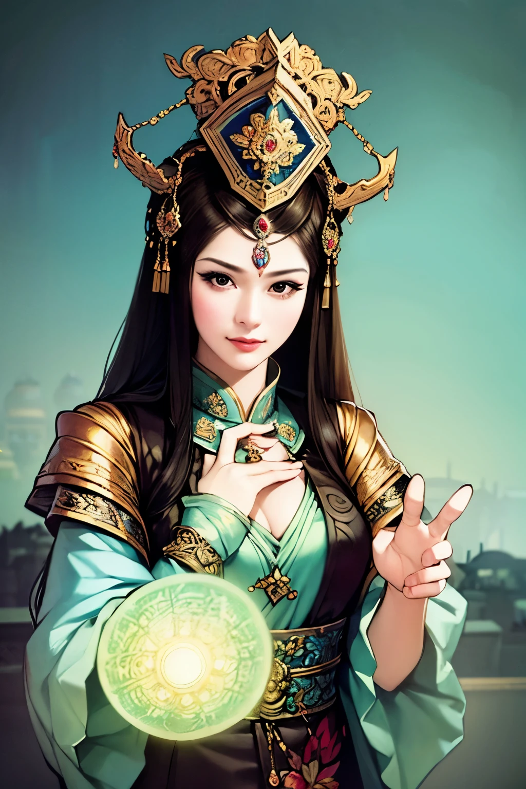there is a woman with a large circular mirror in her hand, artwork in the style of guweiz, detailed fanart, a beautiful artwork illustration, fantasy art style, fanart best artstation, alphonse mucha and rossdraws, :: rossdraws, by Yang J, wlop rossdraws, goddess. extremely high detail, ((a beautiful fantasy empress)), exquisite digital illustration