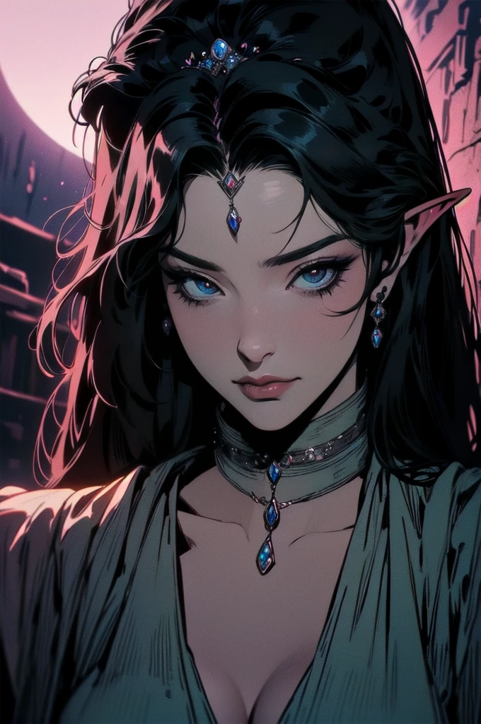 { -  error}(Masterpiece - Ultra-detailed, very high resolution)moonlight, hyper-realistic of a mysterious woman with flowing black hair, ears of elf, piercing opal eyes, and a delicatelace crown, delicate smile, upper body, 