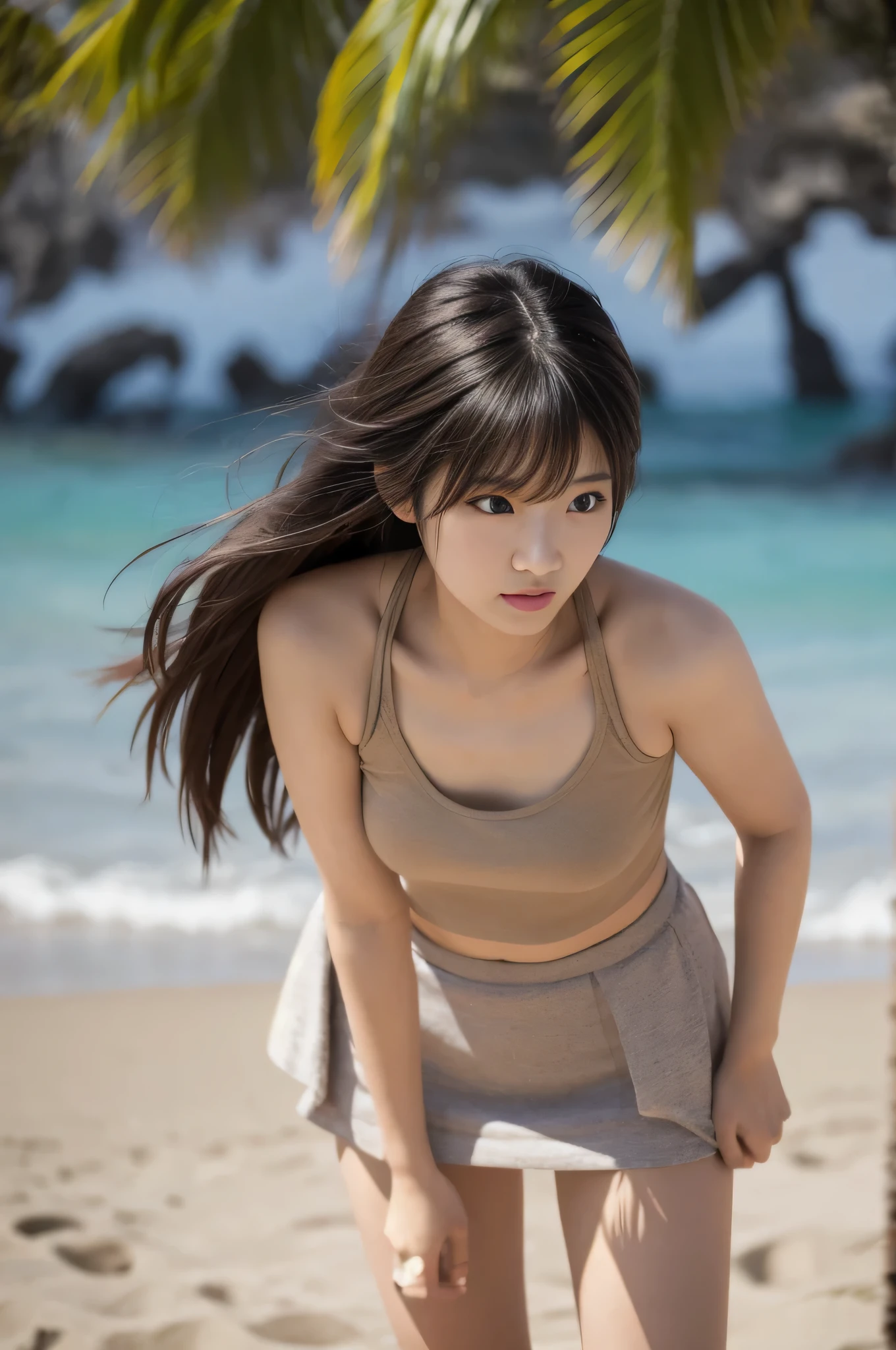 highest quality,masterpiece,32k,realistic,incredibly absurd,Depth of the bounds written、blur background、professional lighting,cinematic lighting,full body,thin,きれいなDay本人女性の写真,25 year old girl,bent down,sandy beach,Wind,Day,nice weather,long hair,black hair,Tank top,mini skirt,Aggressive,