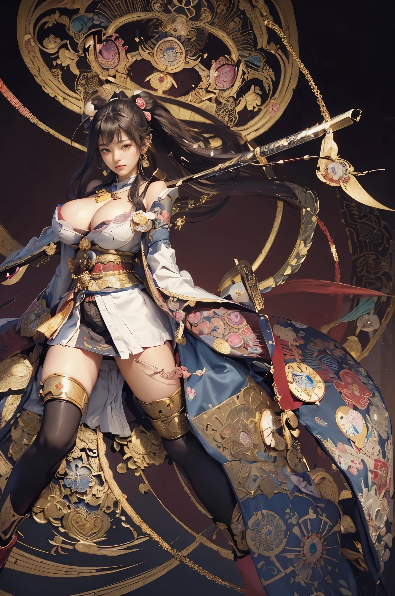 masterpiece,highest quality,ultra high resolution,(2people's women:1.5),(25 years old:1.2),stupid solution, Super detailed,(realistic:1.4,),(Twelve gods will:1.4),(mandala:1.5),(Japanese god:1.5 ),(medieval japanese armor:1.5),(Japan sleeves:1.5),(God's Clothing:1.4),(heart earrings:1.5),(kimono:1.4),(big breasts:1.4),(ponytail:1.4),(Holding a big sword),(Japan coat:1.2),(mini skirt),(bow tie)