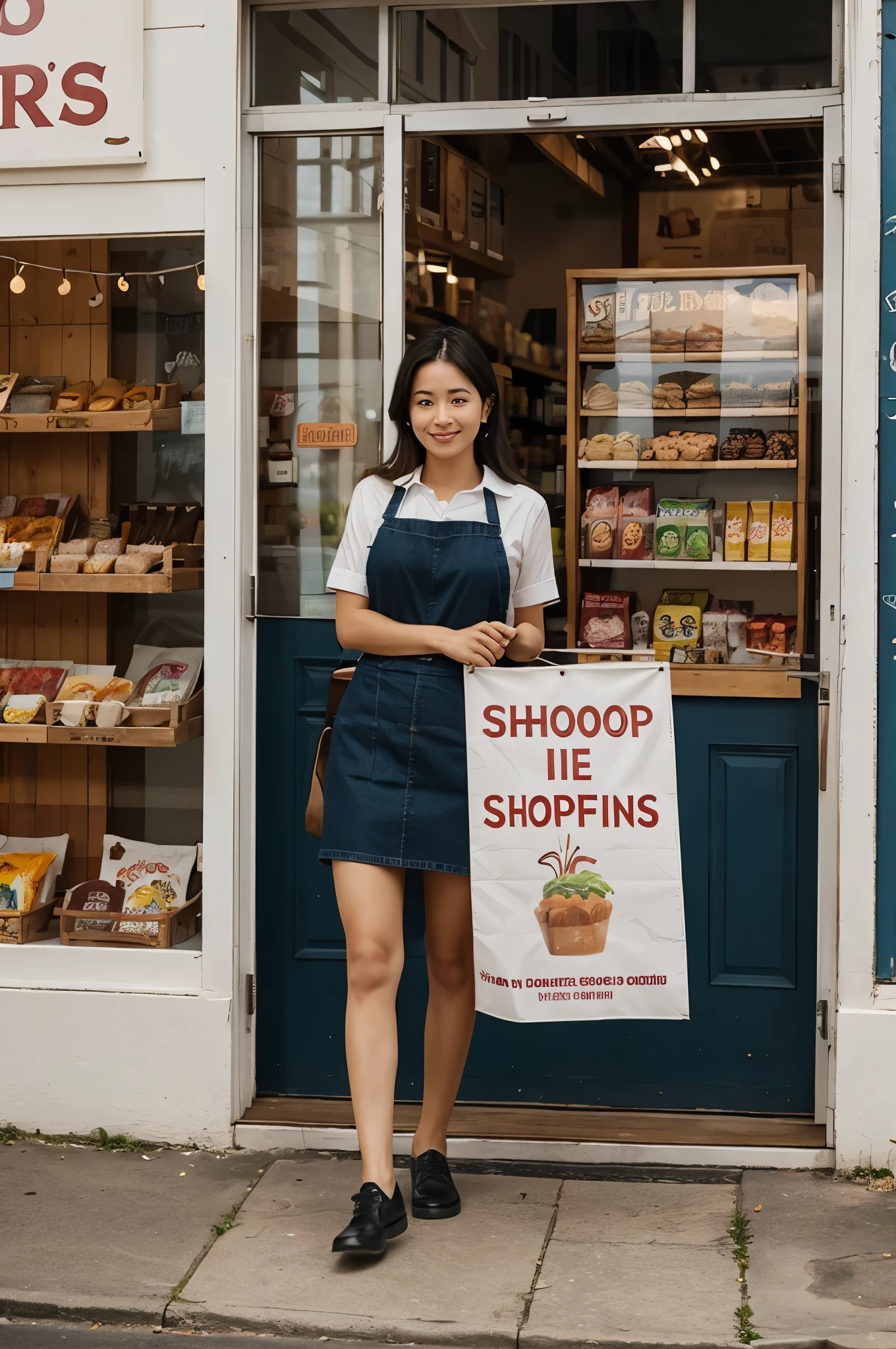 A woman is standing in front of a food shop, holding a banner