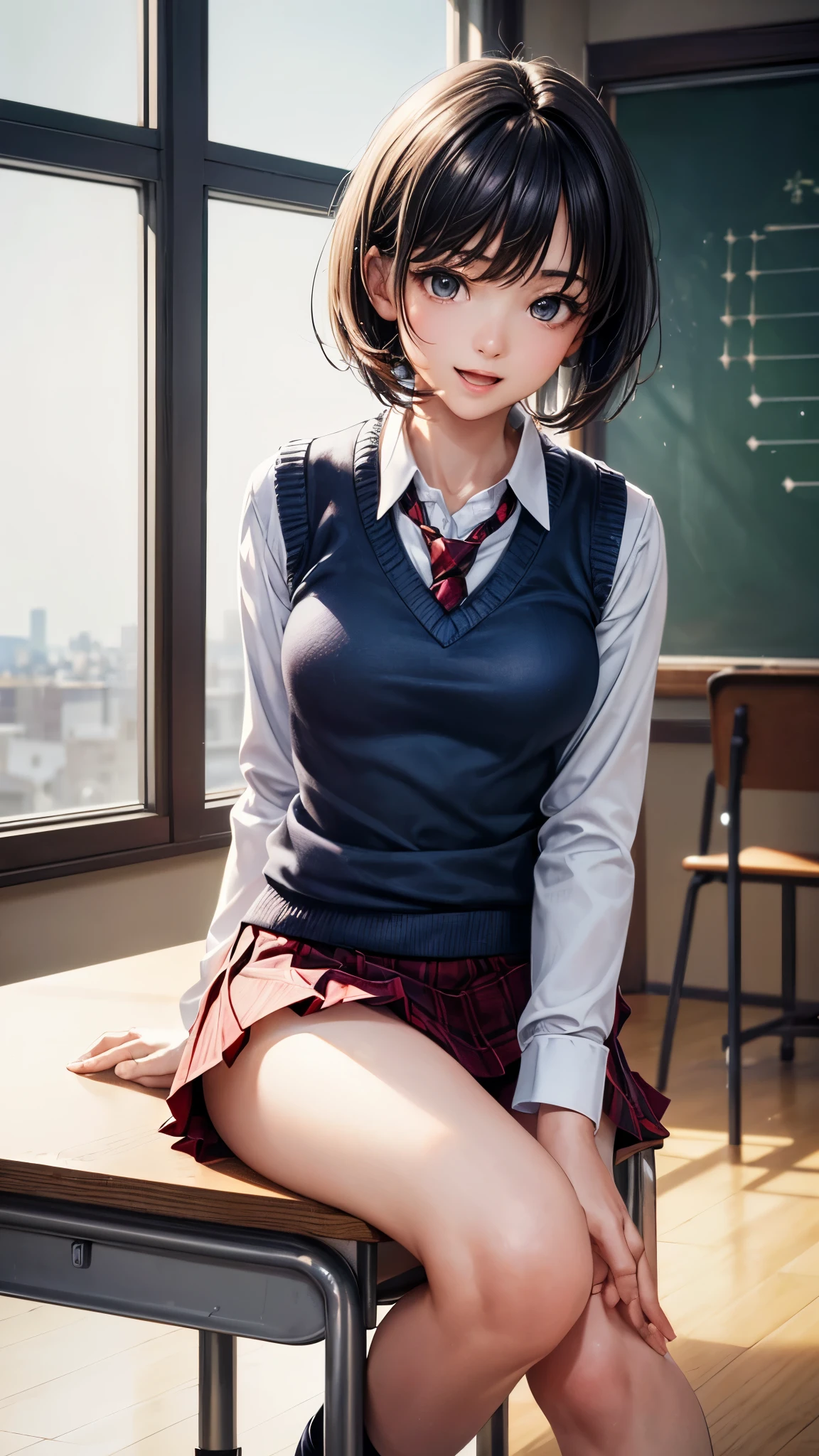 ((highest quality, 8K, masterpiece: 1.3)),((amazing details: 1.2)),((figure: 1.1)), (realistic, photorealistic:1.4), female solo,high school girl、shiny skin, thin, beautiful 髪, beautiful face, highly detailed face, beautiful detailed 目, beautiful clavicle, beautiful body, beautiful breasts, beautiful thighs, beautiful feet, beautiful fingers, (fine cloth texture, (navy knit vest), Red plaid tie, long sleeve white shirt with collar, Grey plaid pleated skirt), black socks, , (beautiful scenery), morning, (classroom) 、sitting at the desk,,short hair、 long eyelashes, (enchanting smile, upper eyes, Small with open mouth),