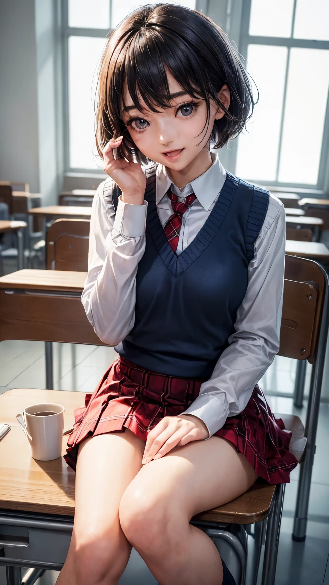 ((highest quality, 8K, masterpiece: 1.3)),((amazing details: 1.2)),((figure: 1.1)), (realistic, photorealistic:1.4), female solo,high school girl、shiny skin, thin, beautiful 髪, beautiful face, highly detailed face, beautiful detailed 目, beautiful clavicle, beautiful body, beautiful breasts, beautiful thighs, beautiful feet, beautiful fingers, (fine cloth texture, (navy knit vest), Red plaid tie, long sleeve white shirt with collar, Grey plaid pleated skirt), black socks, , (beautiful scenery), morning, (classroom) 、sitting at the desk,,short hair、 long eyelashes, (enchanting smile, upper eyes, Small with open mouth),