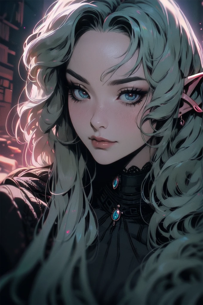 { - anatomy error}(Masterpiece - Ultra-detailed, very high resolution)moonlight, hyper-realistic of a mysterious woman with flowing black hair, ears of elf, piercing opal eyes, and a delicatelace crown, delicate smile, upper body, 