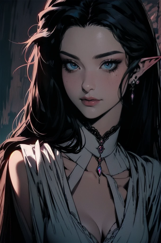 { -  error}(Masterpiece - Ultra-detailed, very high resolution)moonlight, hyper-realistic of a mysterious woman with flowing black hair, ears of elf, piercing opal eyes, and a delicatelace crown, delicate smile, upper body, 