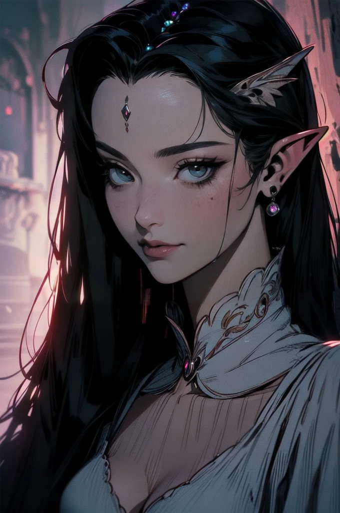 { - anatomy error}(Masterpiece - Ultra-detailed, very high resolution)moonlight, hyper-realistic of a mysterious woman with flowing black hair, ears of elf, piercing opal eyes, and a delicatelace crown, delicate smile, upper body,