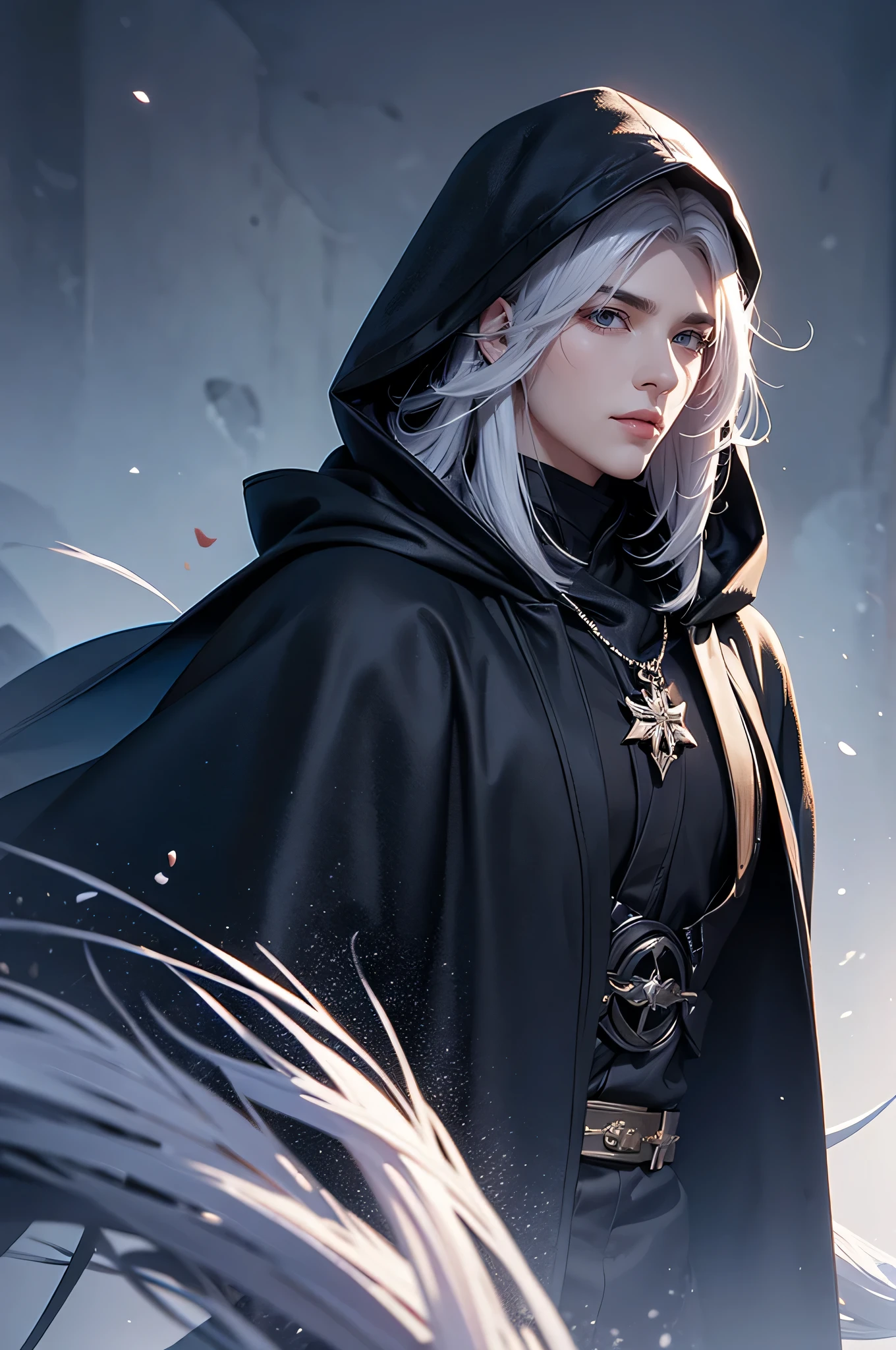 young man, 18 years, long white hair under a dark hood, grey eyes, Thick eyebrows, tender look, purple dark aura, Black cloak with hood, black writing brush, china, fantasy, Snowy landscape in the background