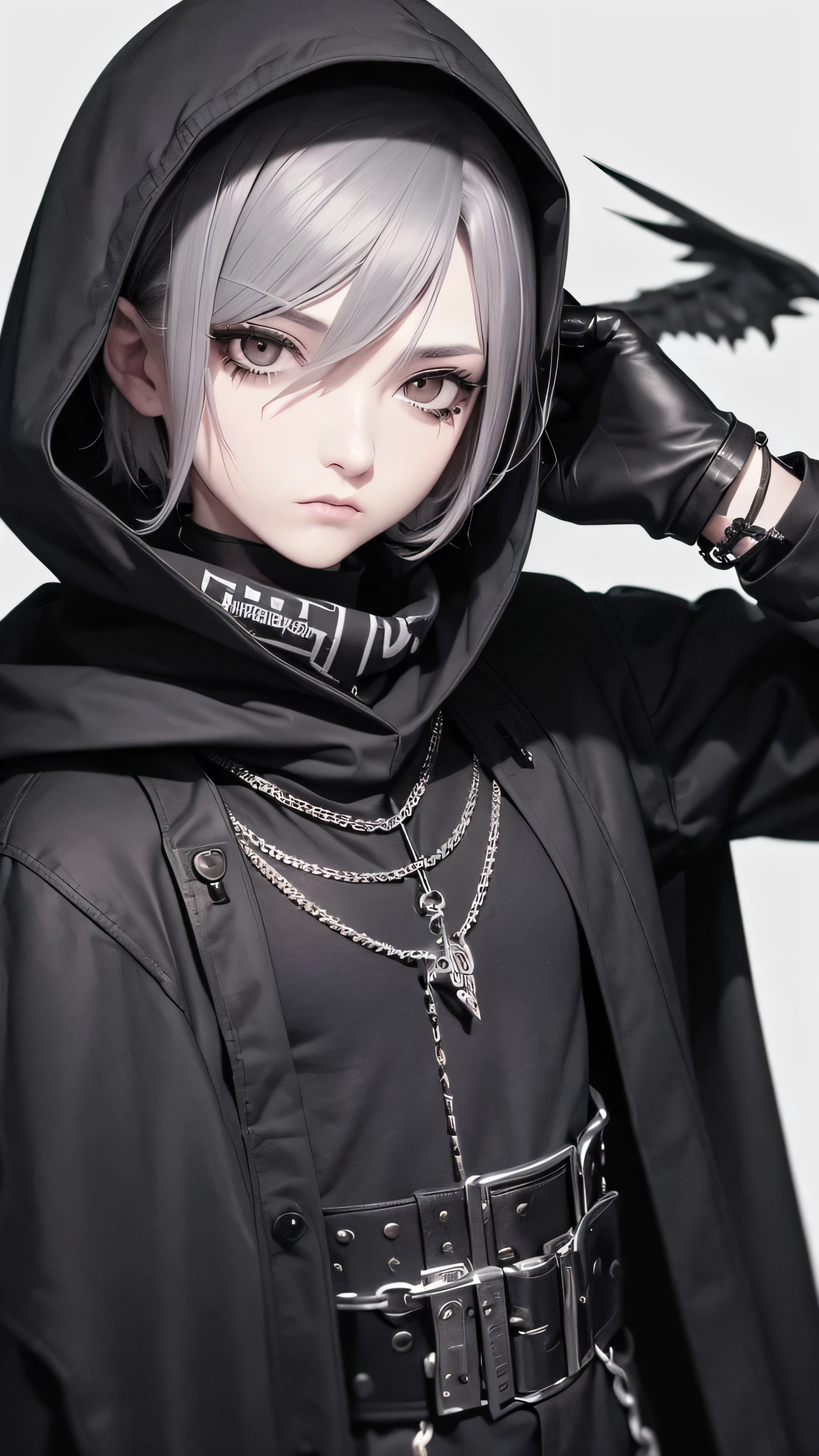 k, high resolution, masterpiece, illustration, extreme details, 1male, gray short hair, black eyes, black sclera, eyeliner, mascara, cloak, dark, gritty, grainy, noir, black and white, techwear, military wear, chains, grunge, emo, edgy, punkish, cultish, dynamic pose, half body, dark aesthetic, darkwear, grunge, hoodie, scarf, black aesthetic, noise, cold expression