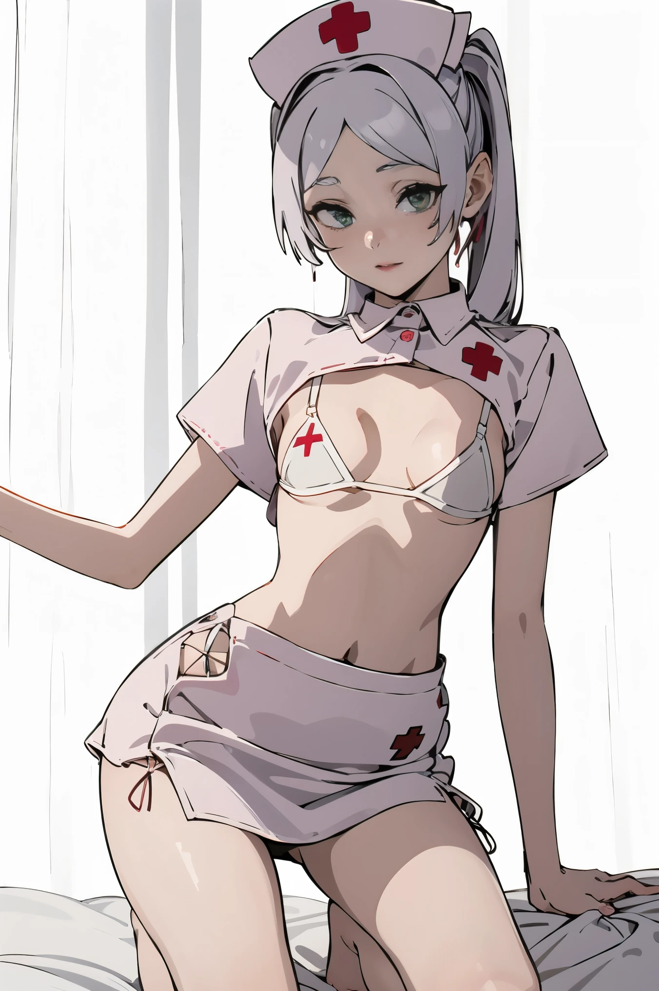 (Best Quality, Masterpiece),sexy,  erotic, 1girl, 18 years old, Contempt, pride, silver hair, ((green eyes)), hospital 2 ponytails, ((nurse uniform)), skirt, thighs, (((small breasts)))