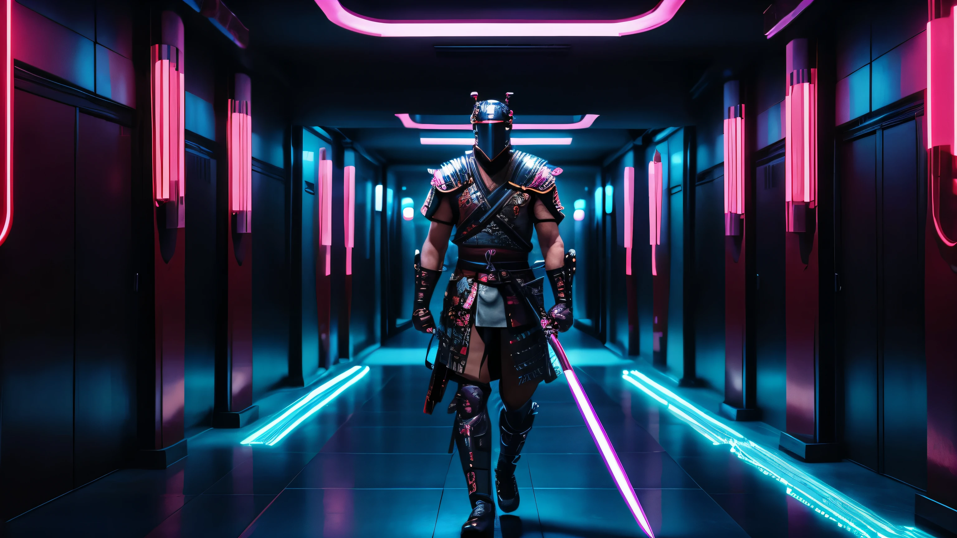 Futuristic Hallway Full Of Neon Lights leading to a asian gladiator arena. samurai walking in middle, holding samurai sword, katana, knives, half face covered mask, 4k