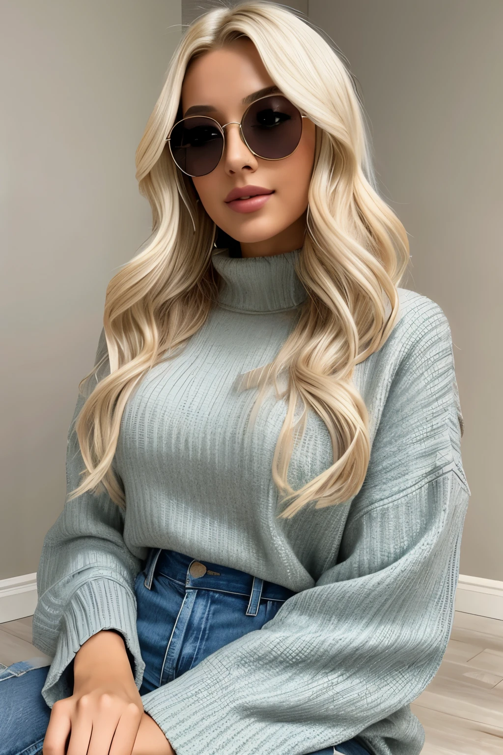 A digital influencer, radiating charisma, sits in front of a neutral background, her blonde hair cascading down in soft waves, framing her fair, flawless complexion. Her eyes are hidden behind stylish circular glasses, adding an intriguing allure to her overall appearance. Her outfit consists of a trendy sweater, exposing her robust, full breasts, completing the image of a confident and compelling influencer. The realistic render, with fine details and high-definition textures, showcases her engaging persona that captivates her audience.