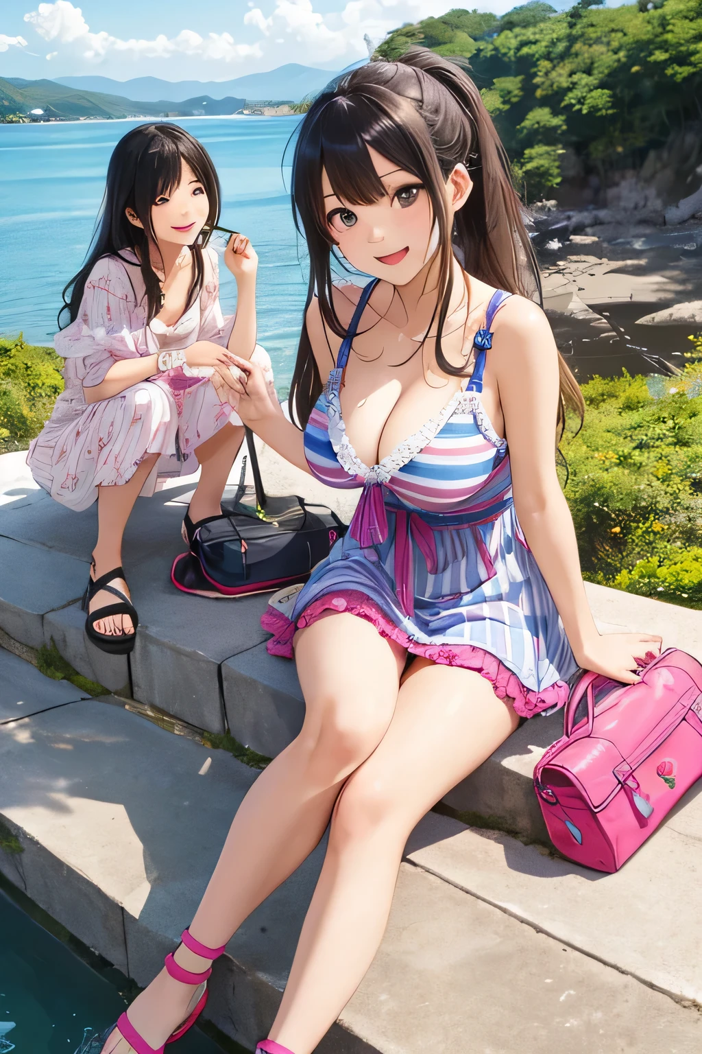 highest quality、High resolution、detailed background、Beautiful and dense face、beautiful and smooth skin、skin texture、braided ponytail、(huge breasts:1.3)、(realistic:1.3)、perfect body line、(3人のcute美少女:1.5)、pink floral embroidered panties、pink floral embroidered bra、
A shirt dress is an item that gives a beautiful impression..、
Add style to a brightly colored or striped shirt dress by marking the waist with a belt.、sandals or heels、Accessories such as shoulder bags、
軽やかなワンピースは夏らしいcuteコーディネートの定番です、
flower and fruit pattern、Dresses with bright colors or patterns such as stripes、
Pair it with cool feet such as sandals or espadrilles..、
(Everyone is having fun together:1.1)、Laugh playfully、smile、sexual expression、emphasize the chest、emphasize cleavage、cute、panty shot、camel toe、
Chiran Coast is located in the southern part of Kagoshima Prefecture.、It is known for its beautiful cliffs and clear blue sea.。.、
You can take impressive photos at Yurigahama, Minachanohana, etc..