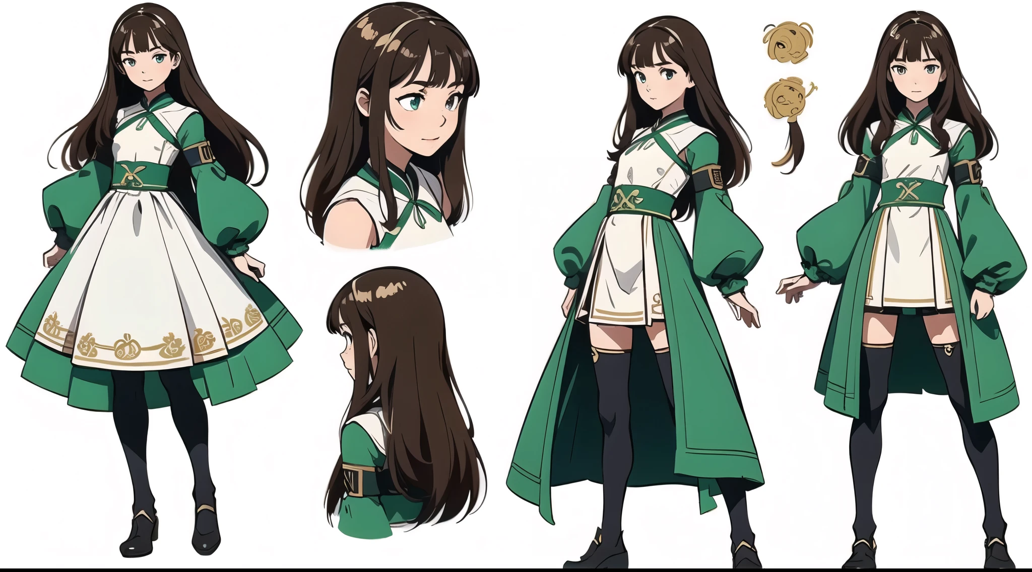 (masterpiece), best quality, (character design sheet, same character, full body, side, back), illustration, (beautiful detailed hair detailed face), 1 young girl, solo, perfect feminine face, very cute young girl, pose zitai, detailed design character, chesnut brown hair, left sided bangs, shorr length hair, green eyes, , (simple background, white background: 1.3)