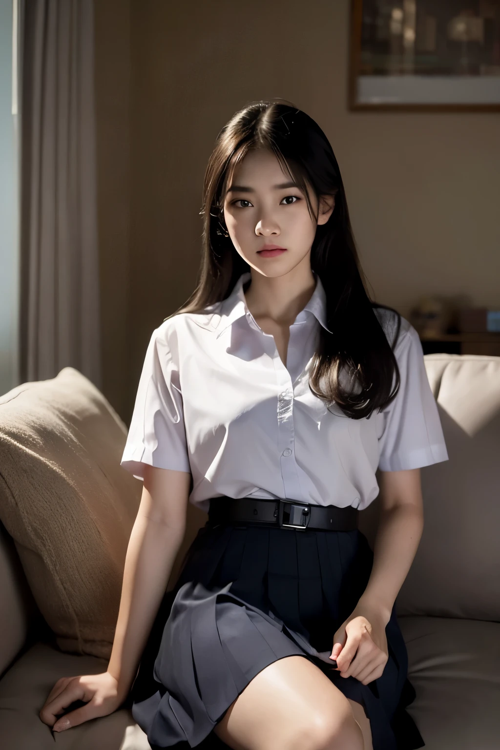 (photorealistic:1.4),Best quality, masterpiece, ultra high res, raw photo,rim  lighting,(cowboy shot),livingroom,movie poster,
1girl,(mathayom uniform),white shirt short sleeves,(black pleated long skirt:1.2),long hair,hair_floating,dramatic scene,sitting on chair
 