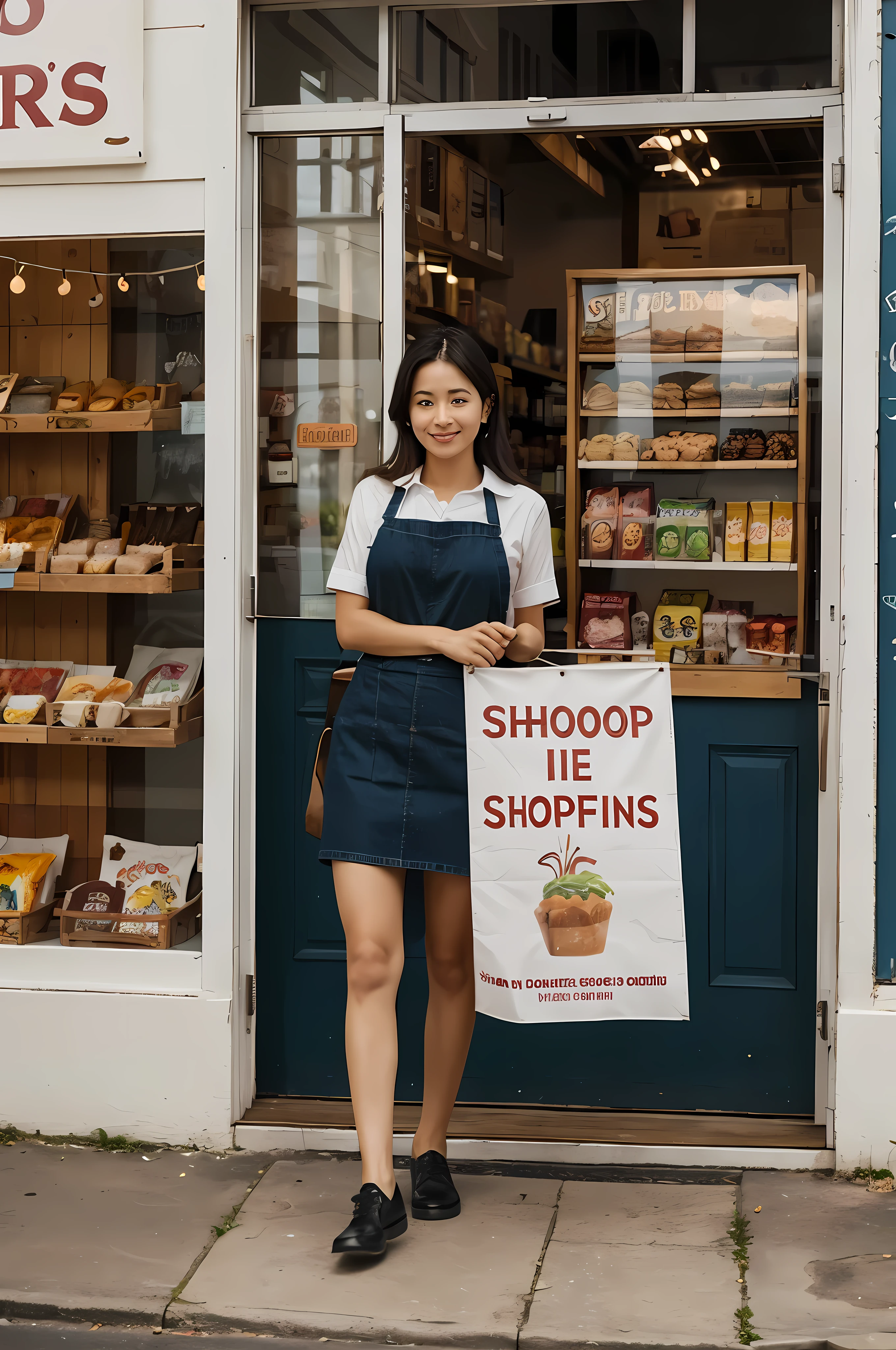 A woman is standing in front of a food shop, holding a banner