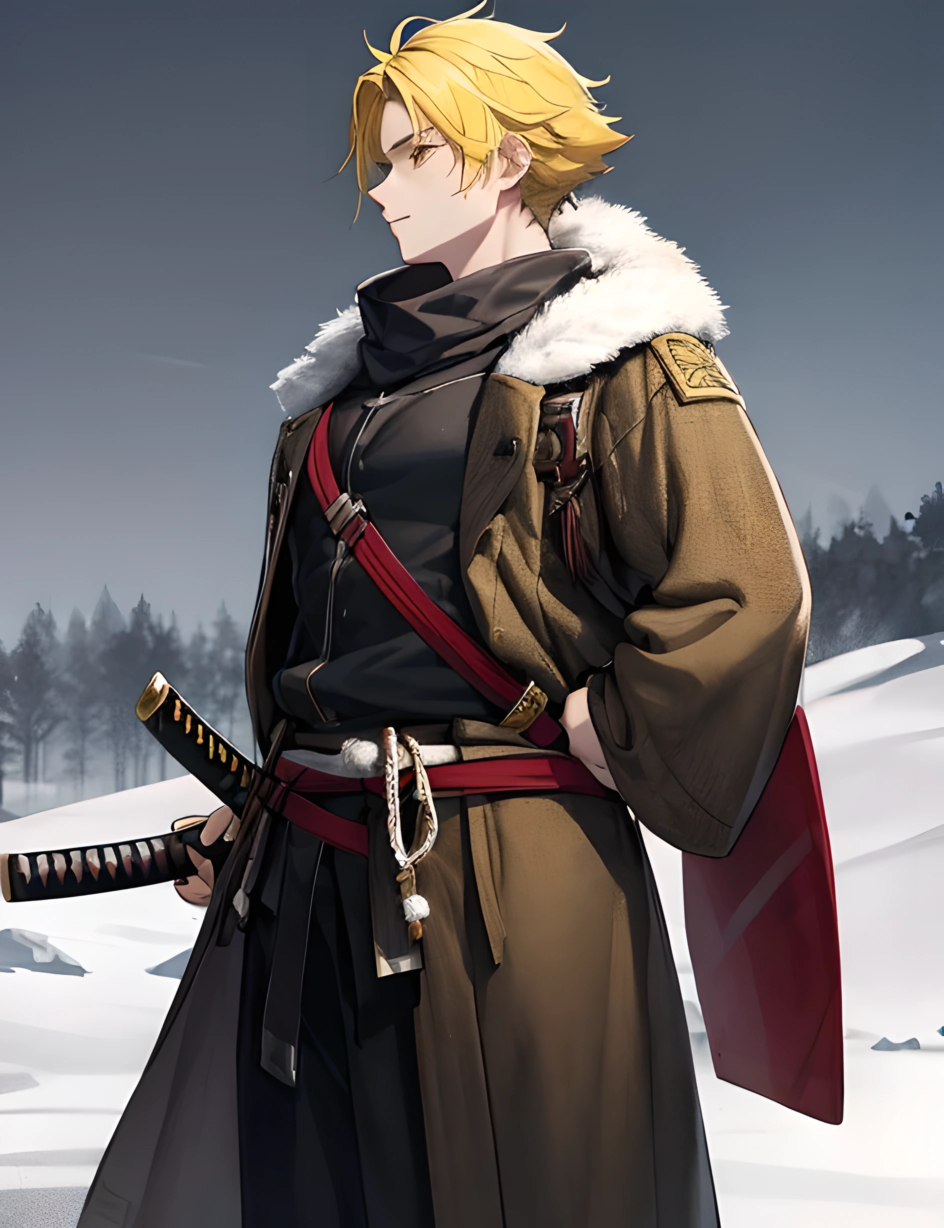 Yellow-haired young king, sturdy stance, snowy battlefield, with katana.