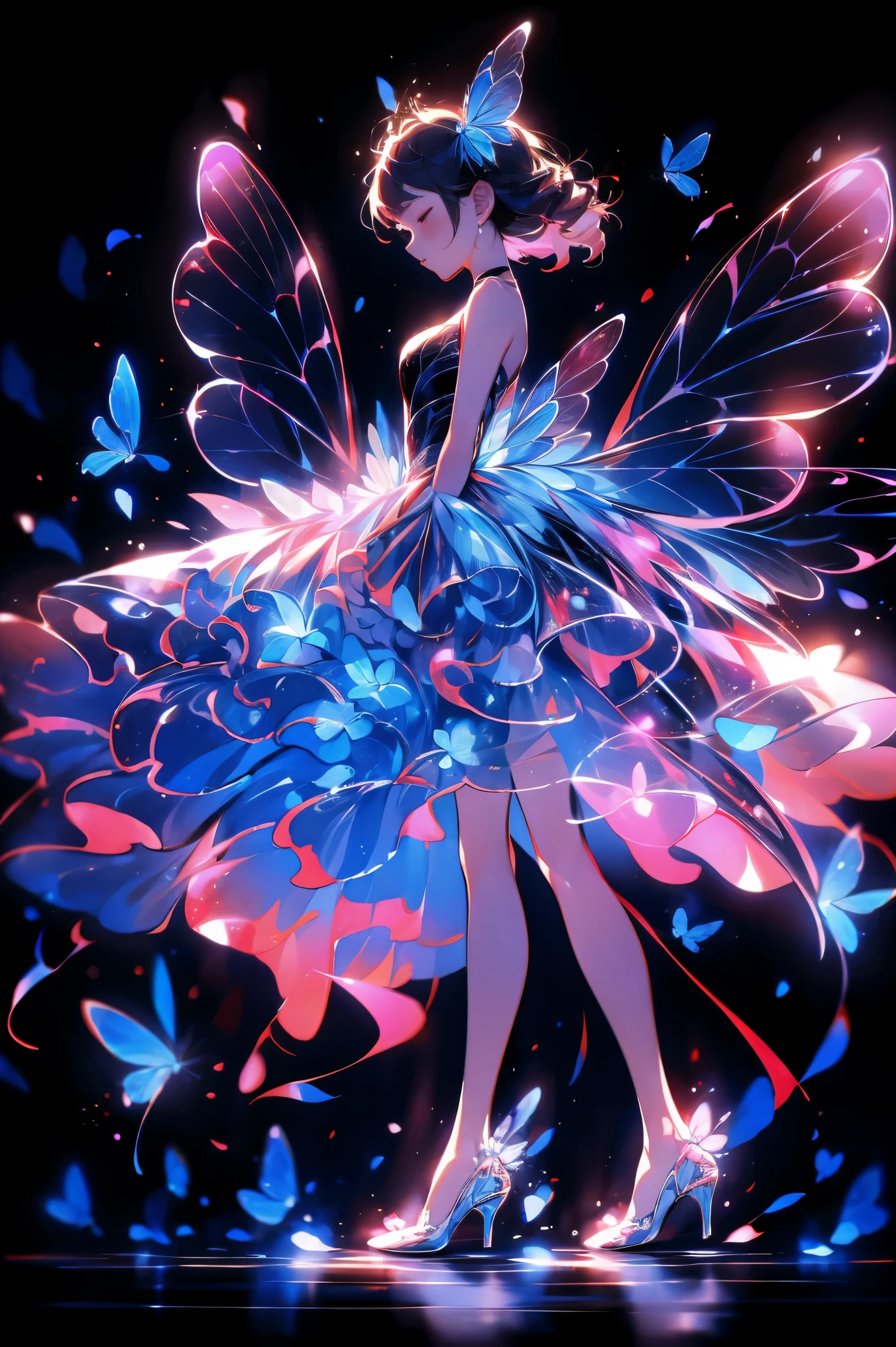  guangxian, 1girl, dress, solo, closed eyes, black background, high heels, simple background, full body, wings, hair ornament, standing, blue dress, bare shoulders, short hair, profile, blue footwear, strapless, butterfly wings, shoes, strapless dress, bare legs, bangs