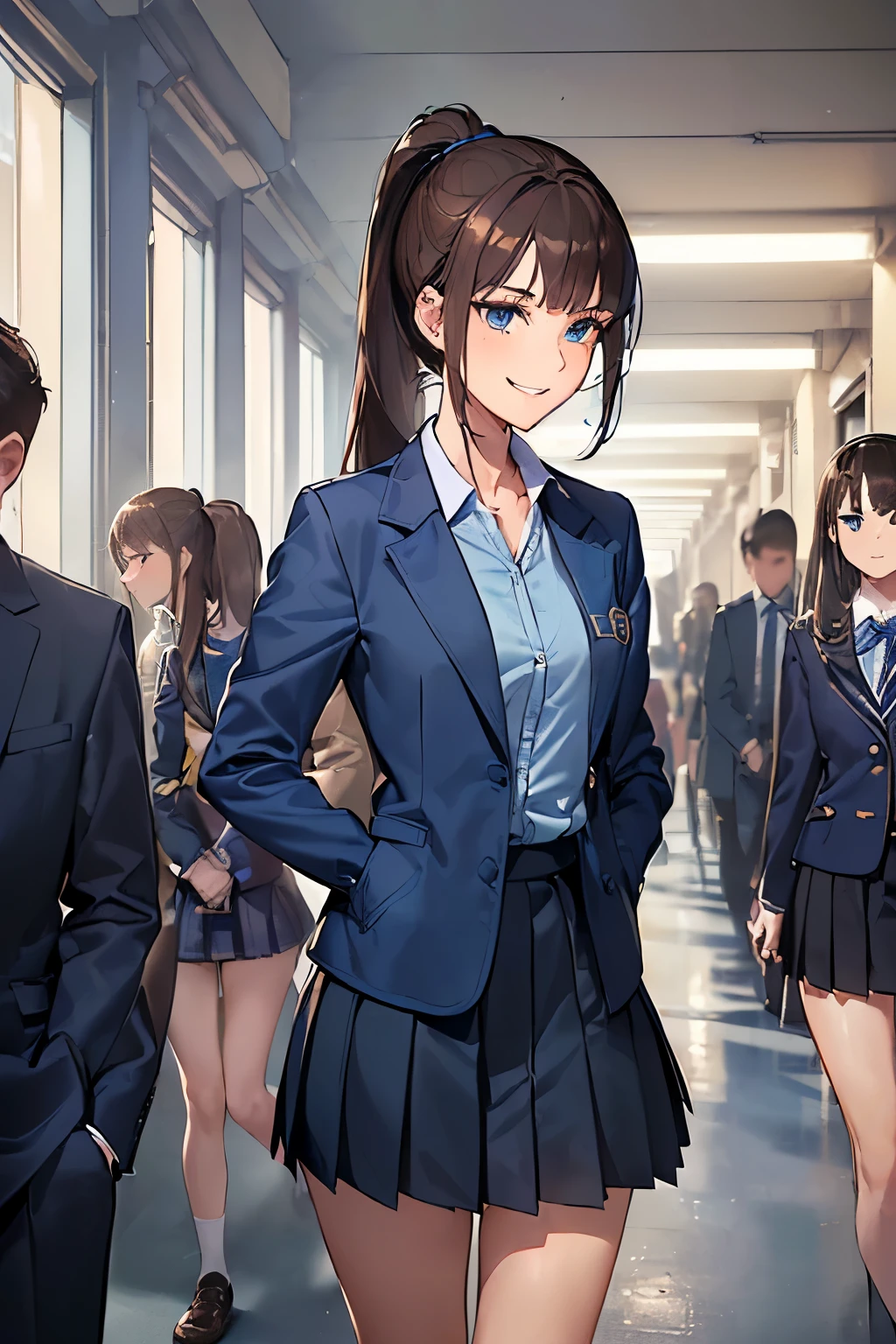 ((best quality)), ((masterpiece)), (detailed), (((perfect face))), ((slender 18yo teen girl)), (((girl wearing buttoned up short dark blue jacket))), (((dark blue pleated skirt))), ((brunette, brown hair)), ((blue eyes)), ((ponytail)), (((smiling))), ((skinny thighs)), ((skinny hips)), (((girl looking away))), (((crowded school corridor))), (((crowd of teen students in suits))), (((empty collar)))