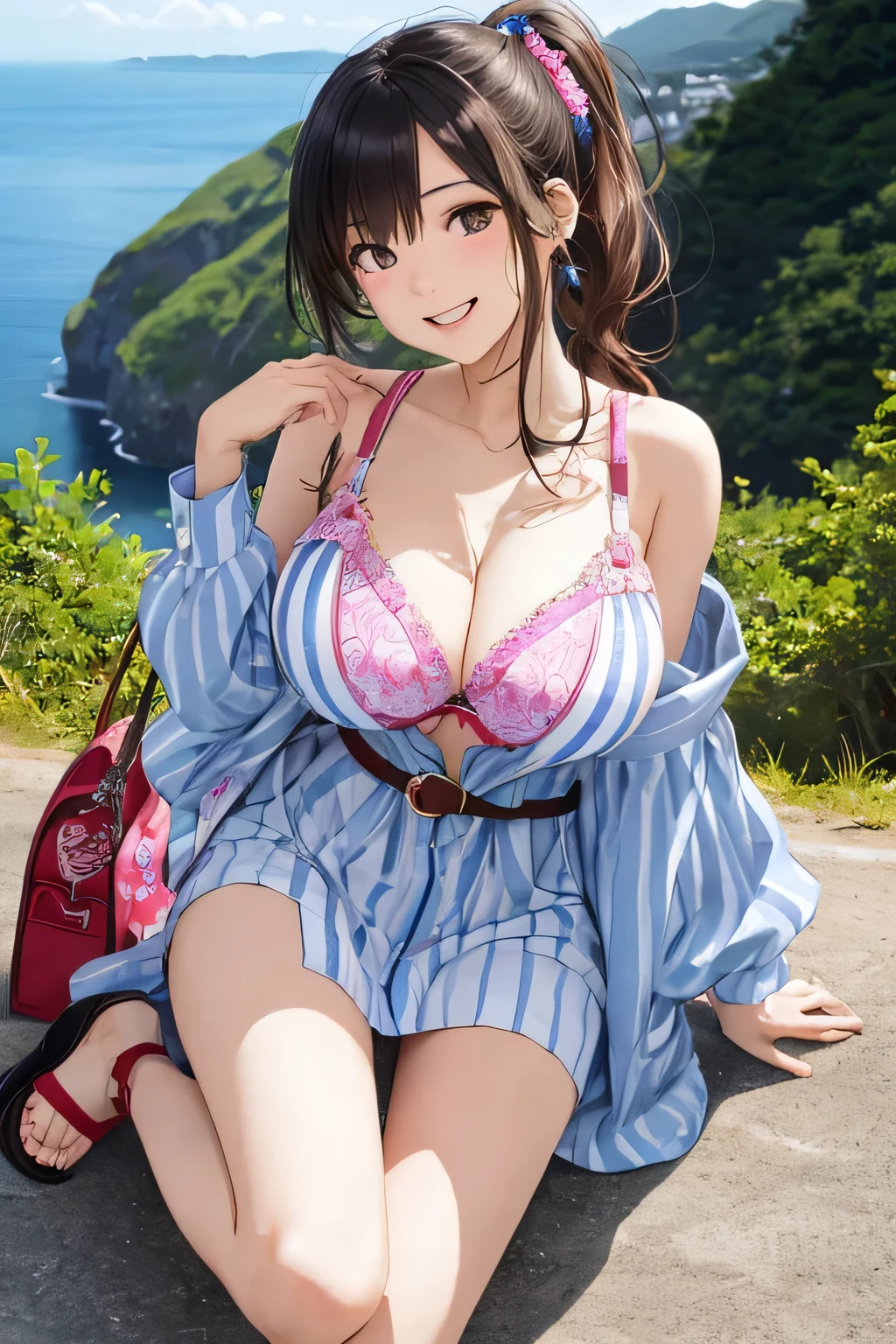 highest quality、High resolution、detailed background、Beautiful and dense face、beautiful and smooth skin、skin texture、braided ponytail、(huge breasts:1.3)、(realistic:1.1)、perfect body line、(3人のcute美少女:1.5)、pink floral embroidered panties、pink floral embroidered bra、
A shirt dress is an item that gives a beautiful impression..、
Add style to a brightly colored or striped shirt dress by marking the waist with a belt.、sandals or heels、Accessories such as shoulder bags、
軽やかなワンピースは夏らしいcuteコーディネートの定番です、
flower and fruit pattern、Dresses with bright colors or patterns such as stripes、
Pair it with cool feet such as sandals or espadrilles..、
(Everyone is having fun together:1.1)、Laugh playfully、smile、sexual expression、emphasize the chest、emphasize cleavage、cute、panty shot、camel toe、
Chiran Coast is located in the southern part of Kagoshima Prefecture.、It is known for its beautiful cliffs and clear blue sea.。.、
You can take impressive photos at Yurigahama, Minachanohana, etc..