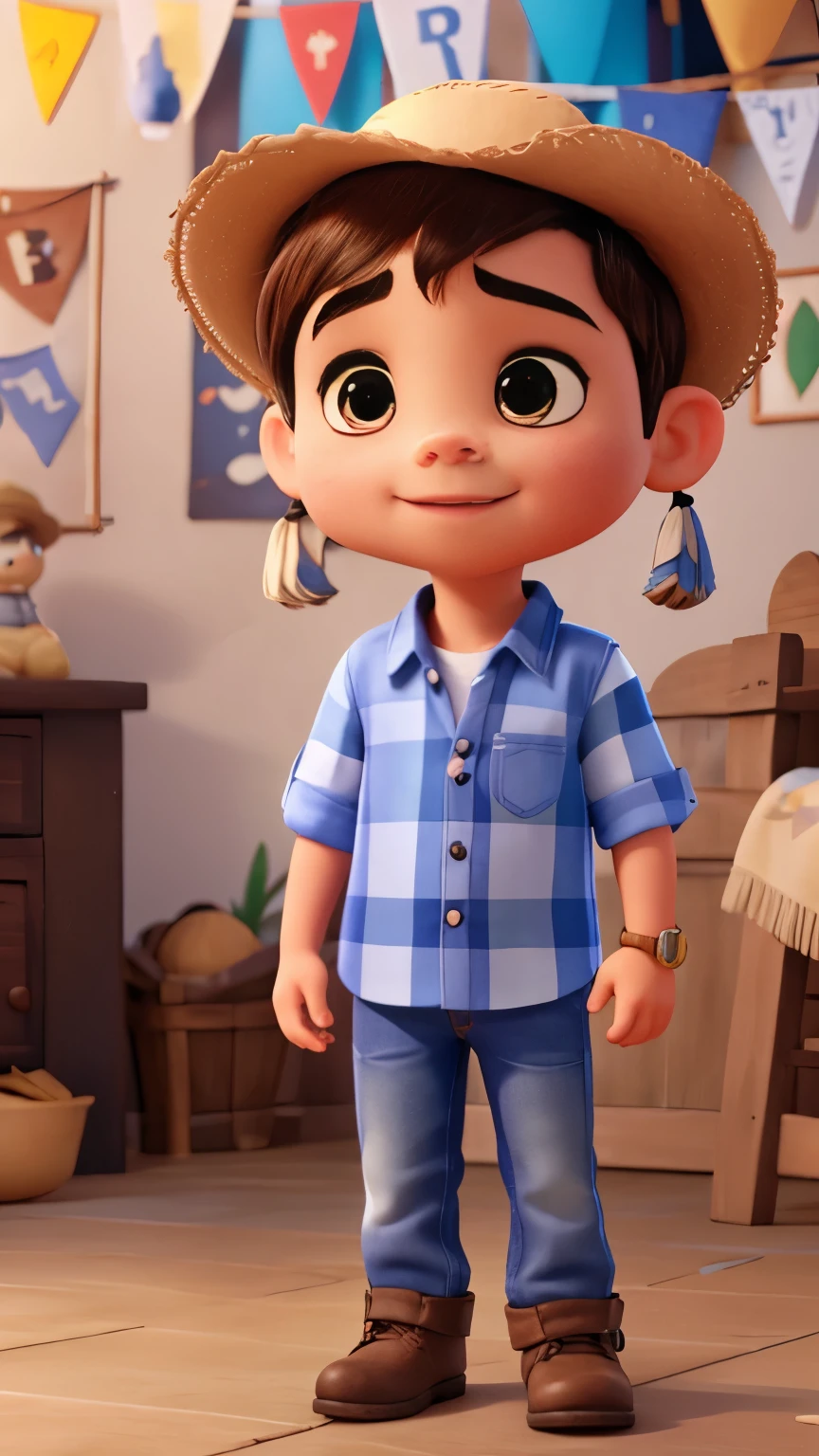 
baby boy with dark eyes with light skin, small nose and big cheeks with little straight brown mohawk hair, wearing straw hat, long blue and white checkered shirt, jeans with country patchwork, with boots at party with bonfire, balloon, flag Poster 3d Pixar style