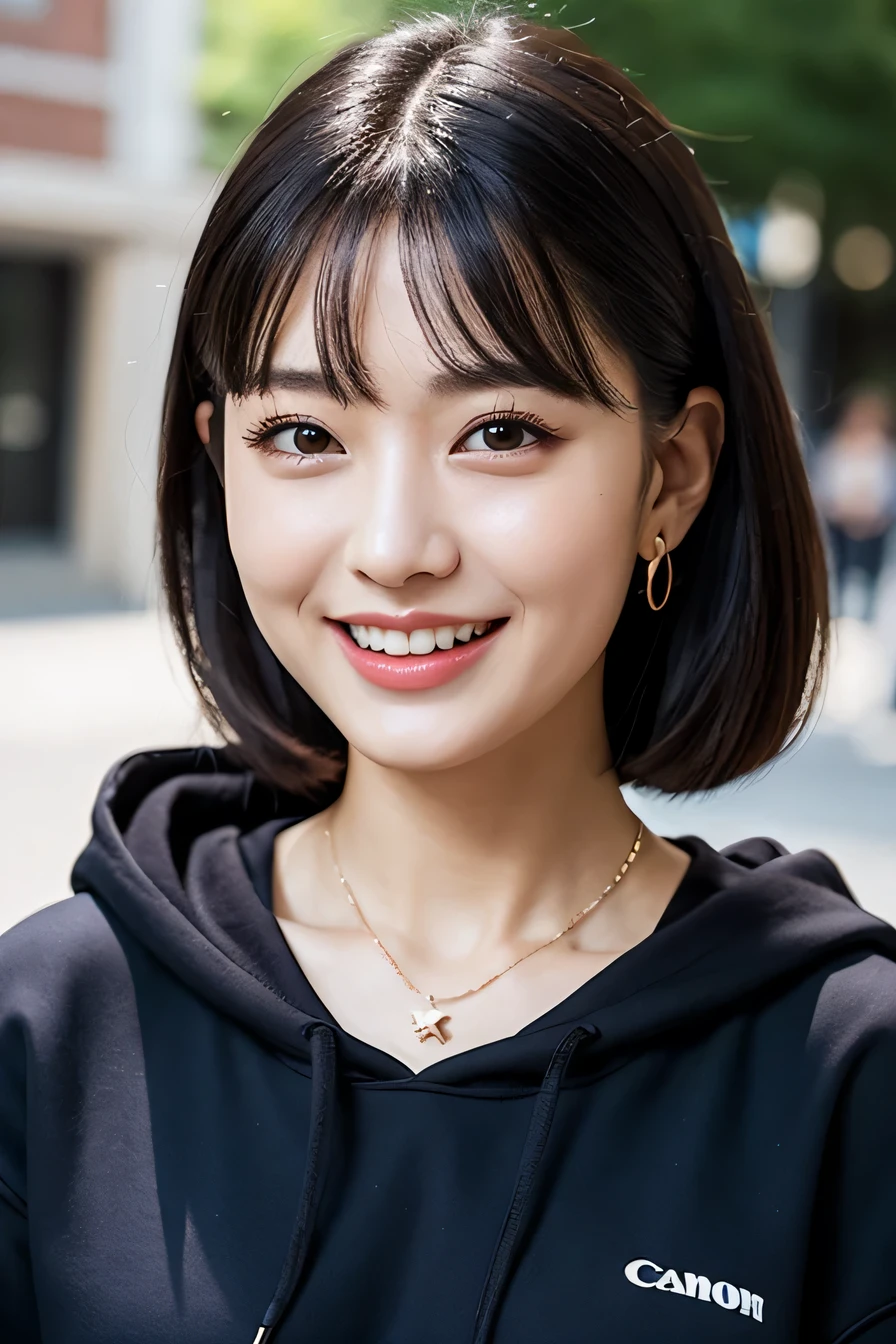 clear woman, cute, super detailed human face, 長いblack hair, fringe, highly detailed brown eyes, highly detailed teeth, white teeth, wearing a hoodie, city、 amazing details, Canon 5DM4, film stock photography, F1.6 lenses, realistic texture, unreal engine, photorealist,black hair、dark eyeliner、ear piercing、necklace around neck、beautiful teeth、Hairstyle Long
