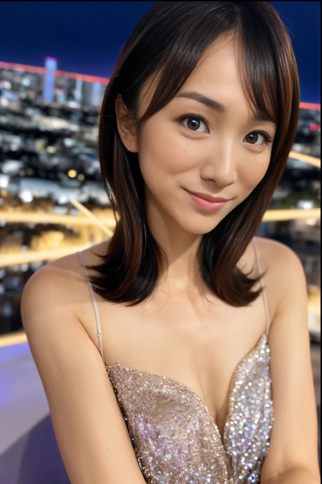 1girl,(wearing a glittery evening dress),(RAW photo, best quality), (realistic, photo-realistic:1.4), masterpiece, an extremely delicate and beautiful, extremely detailed, 2k wallpaper, Amazing, finely detail, extremely detailed CG unity 8k wallpaper, ultra-detailed, highres, soft light, beautiful detailed girl, extremely detailed eyes and face, beautiful detailed nose, beautiful detailed eyes,cinematic lighting,city lights at night,perfect anatomy,slender body,smiling