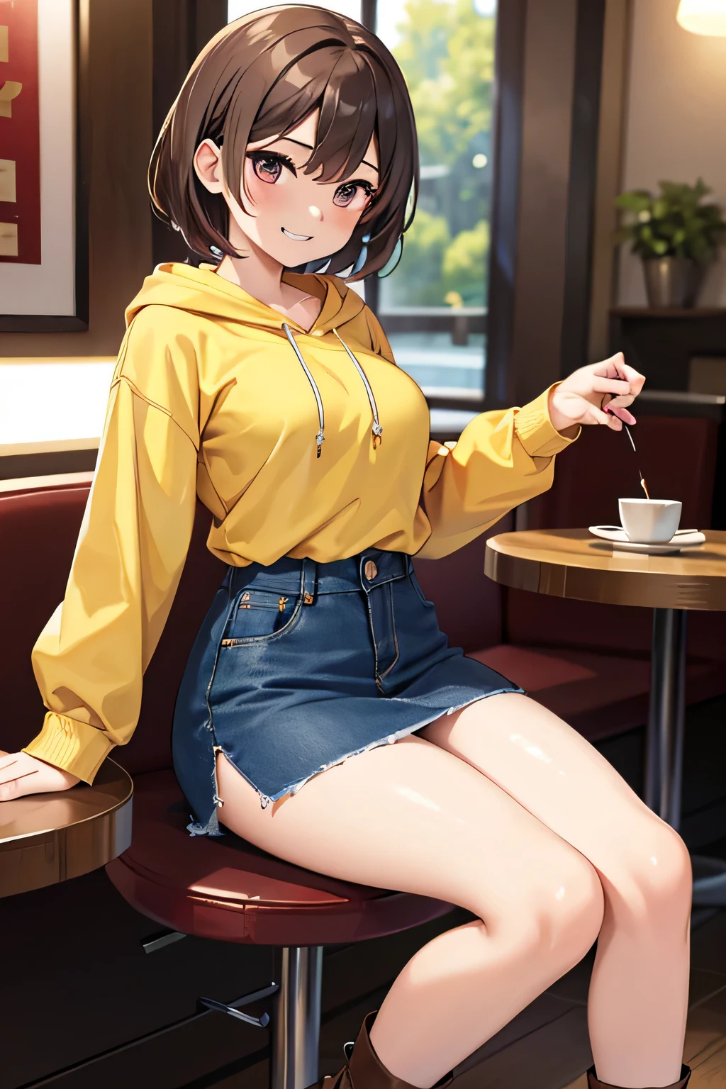 (1) There is one woman with beautiful legs, She sits on a chair、Showing beautiful legs and panties。, 
(2) she is sitting on a chair with her legs closed, I would like you to draw a picture of the whole body so that the legs can be seen.., 
(3) The woman is wearing a yellow long-sleeved hoodie、The skirt is a denim miniskirt.、My feet are wearing brown boots, 
(4) The visible pants are red and have flashy patterns.., 
(5) woman has short brown hair, shining eyes, A provocative grin,
(6) The place is a cafe restaurant.., 
(7) highest quality, High resolution, realistic pictures, realistic skin,