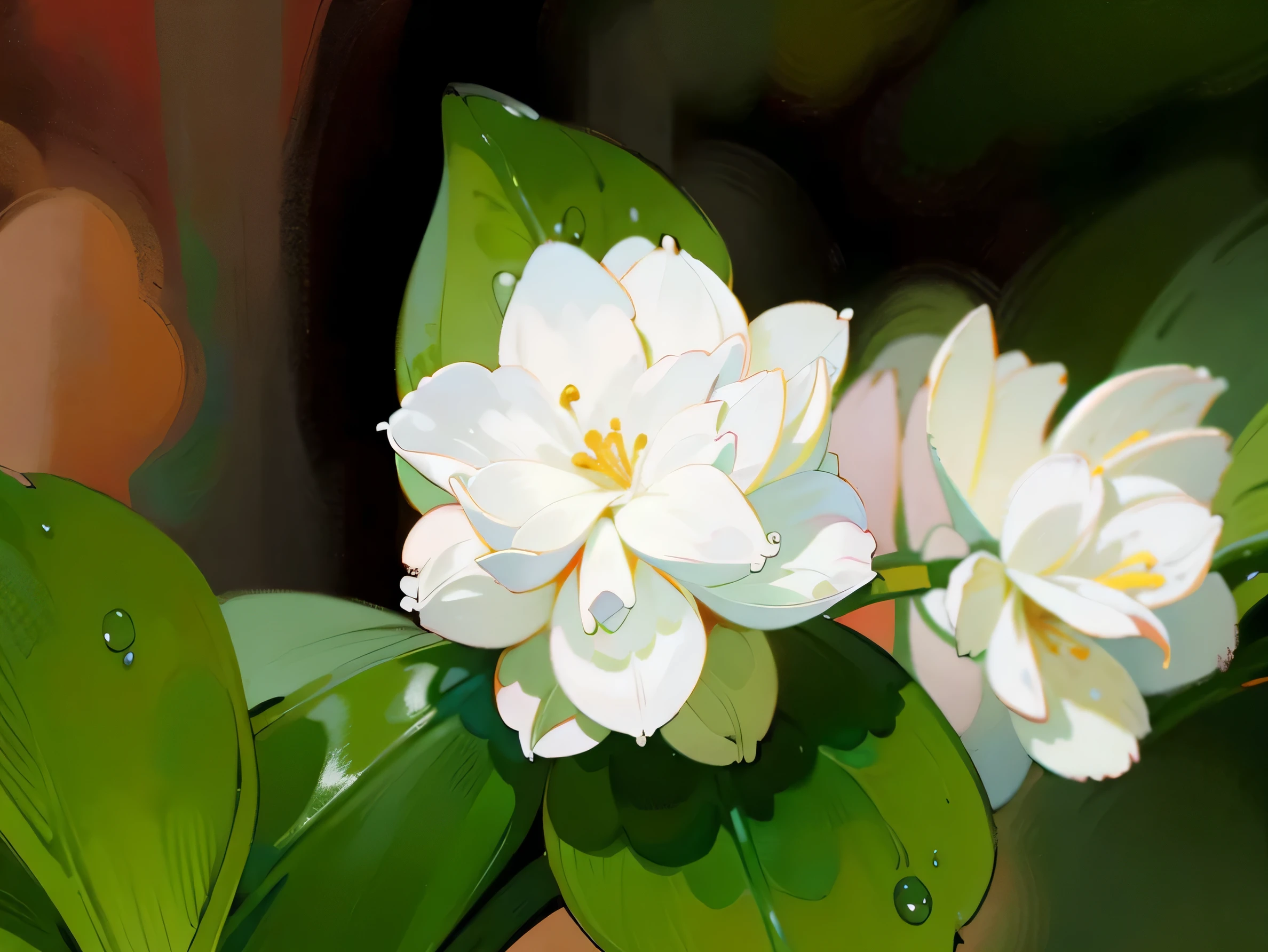 there is a white flower with water droplets on it, 茉莉flower, white flower, flower, aromatic plants, white flowers, powerful details, 白色flower瓣, 以oil painting style, Perfect details, Excellent details, digital drawing, calm mood, beautiful flower, oil painting style, Detailed white, Excellent details, clear details, depicting a flower, Beautiful digital art, 鸡蛋flower