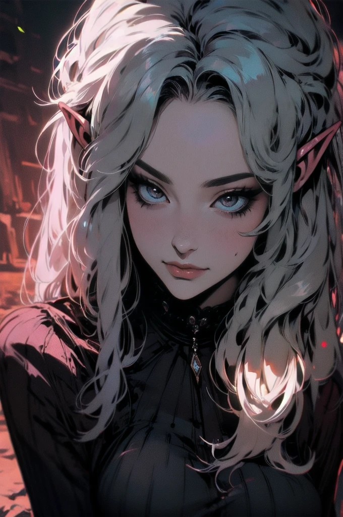 { -  error}(Masterpiece - Ultra-detailed, very high resolution)moonlight, hyper-realistic of a mysterious woman with flowing black hair, ears of elf, piercing opal eyes, and a delicatelace crown, delicate smile, upper body, 