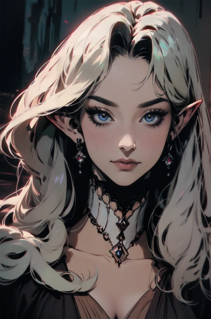 { -  error}(Masterpiece - Ultra-detailed, very high resolution)moonlight, hyper-realistic of a mysterious woman with flowing black hair, ears of elf, piercing opal eyes, and a delicatelace crown, delicate smile, upper body, 