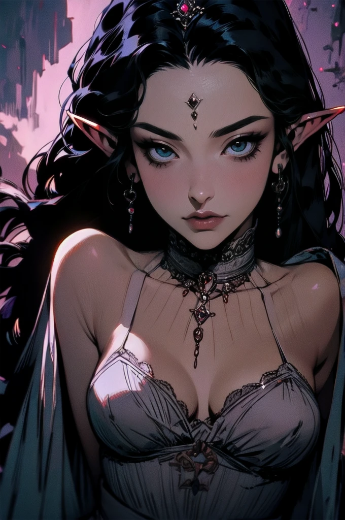 { -  error}(Masterpiece - Ultra-detailed, very high resolution)moonlight, hyper-realistic of a mysterious woman with flowing black hair, ears of elf, piercing opal eyes, and a delicatelace crown, delicate smile, upper body, 
