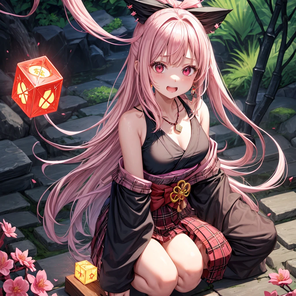 pink black blonde、red eyes、one good looking girl、solo、anime、plaid mini skirt、black camisole、black t-shirt、kimono、wearing a ribbon、ribbon at waist、stone slabs are piled up、crystal earrings、jewelry necklace、Light and shadow、walking、clock、universe、vine plant、petal、tilting one's face、teeth are visible、fire spirit、book of magic、Cube、bamboo forest、lava、Plum blossom、squatting down