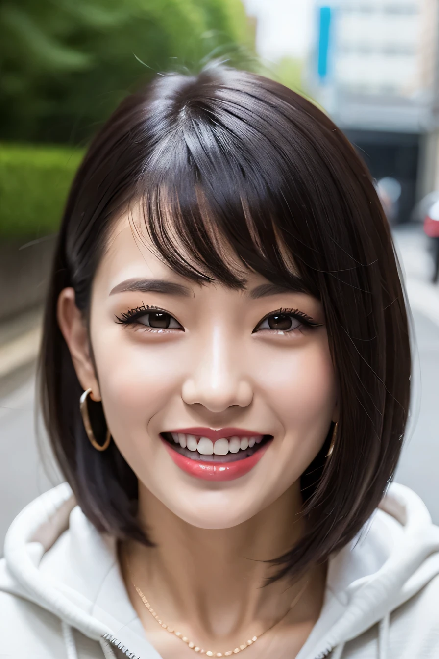clear woman, cute, super detailed human face, 長いblack hair, fringe, highly detailed brown eyes, highly detailed teeth, white teeth, wearing a hoodie, city、 amazing details, Canon 5DM4, film stock photography, F1.6 lenses, realistic texture, unreal engine, photorealist,black hair、dark eyeliner、ear piercing、necklace around neck、beautiful teeth、Hairstyle Long
