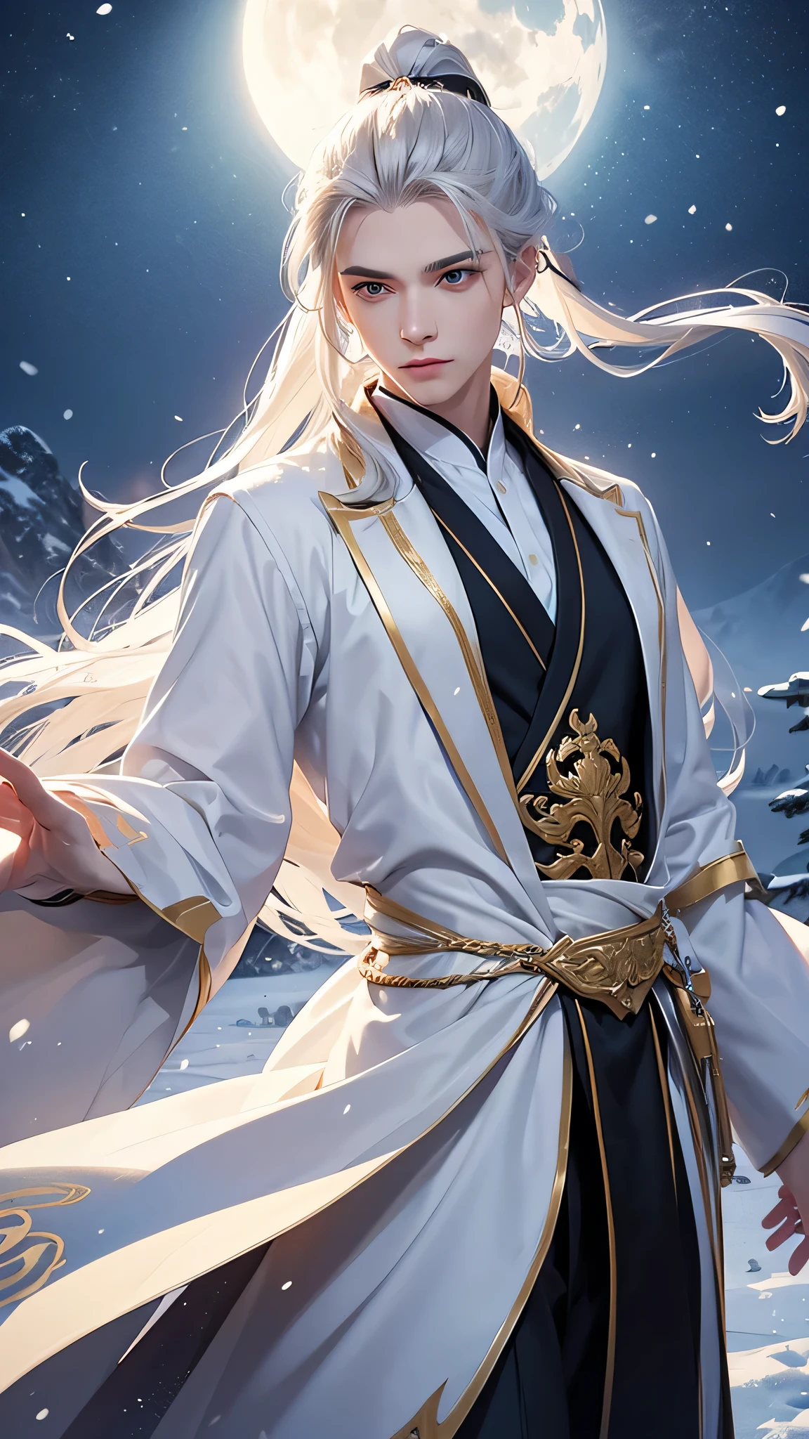 young man, A young man, 18 years, long white hair, Gathered in the tail, grey eyes, Thick eyebrows, tender look, bright skin, white and gold chinese robe, gold calligraphy brush, snowy aura, snow halo, magic, fantasy, Snowy landscape in the background