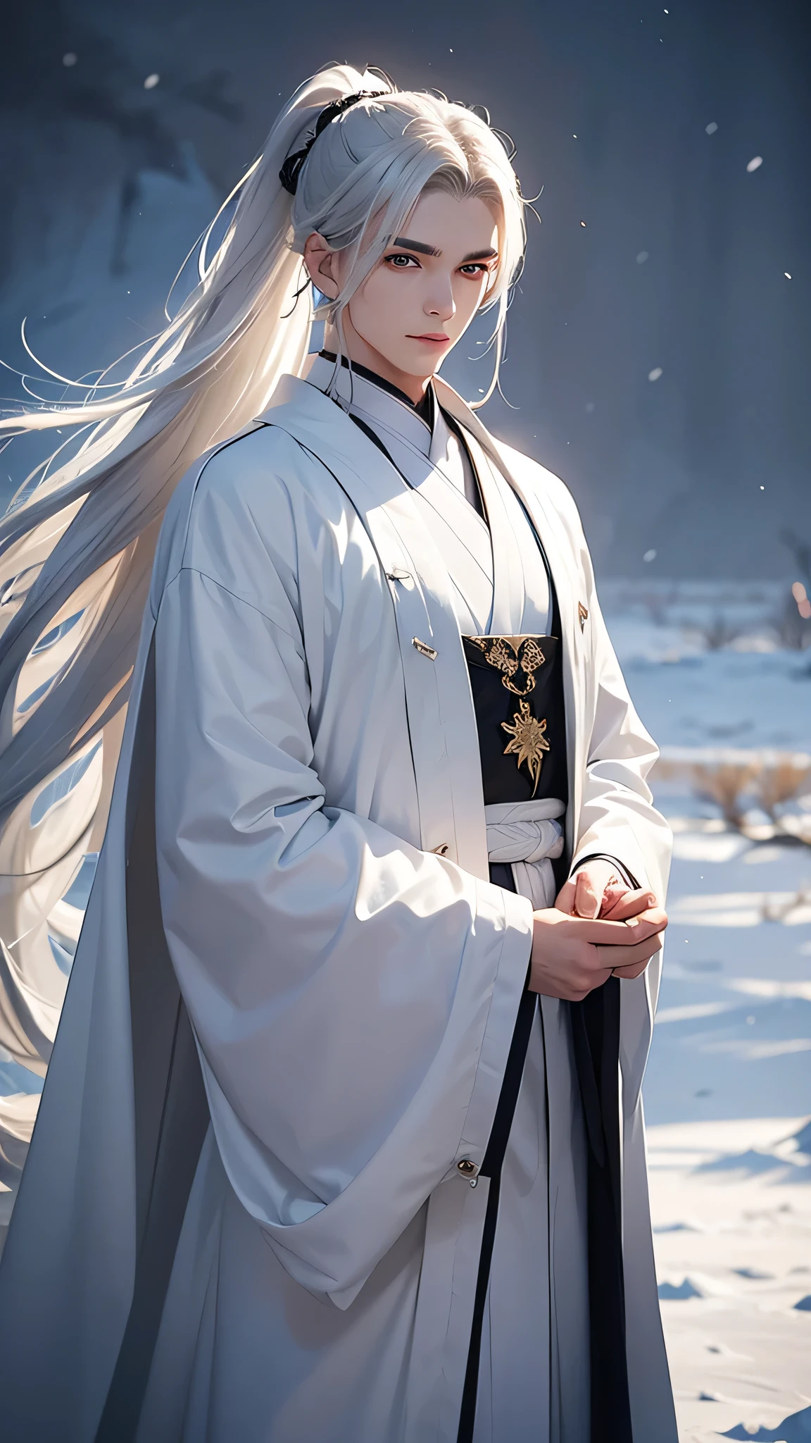 young man, A young man, 18 years, long white hair, Gathered in the tail, grey eyes, Thick eyebrows, tender look, bright skin, white and gold chinese robe, black calligraphy brush, snowy aura, snow halo, magic, fantasy, Snowy landscape in the background