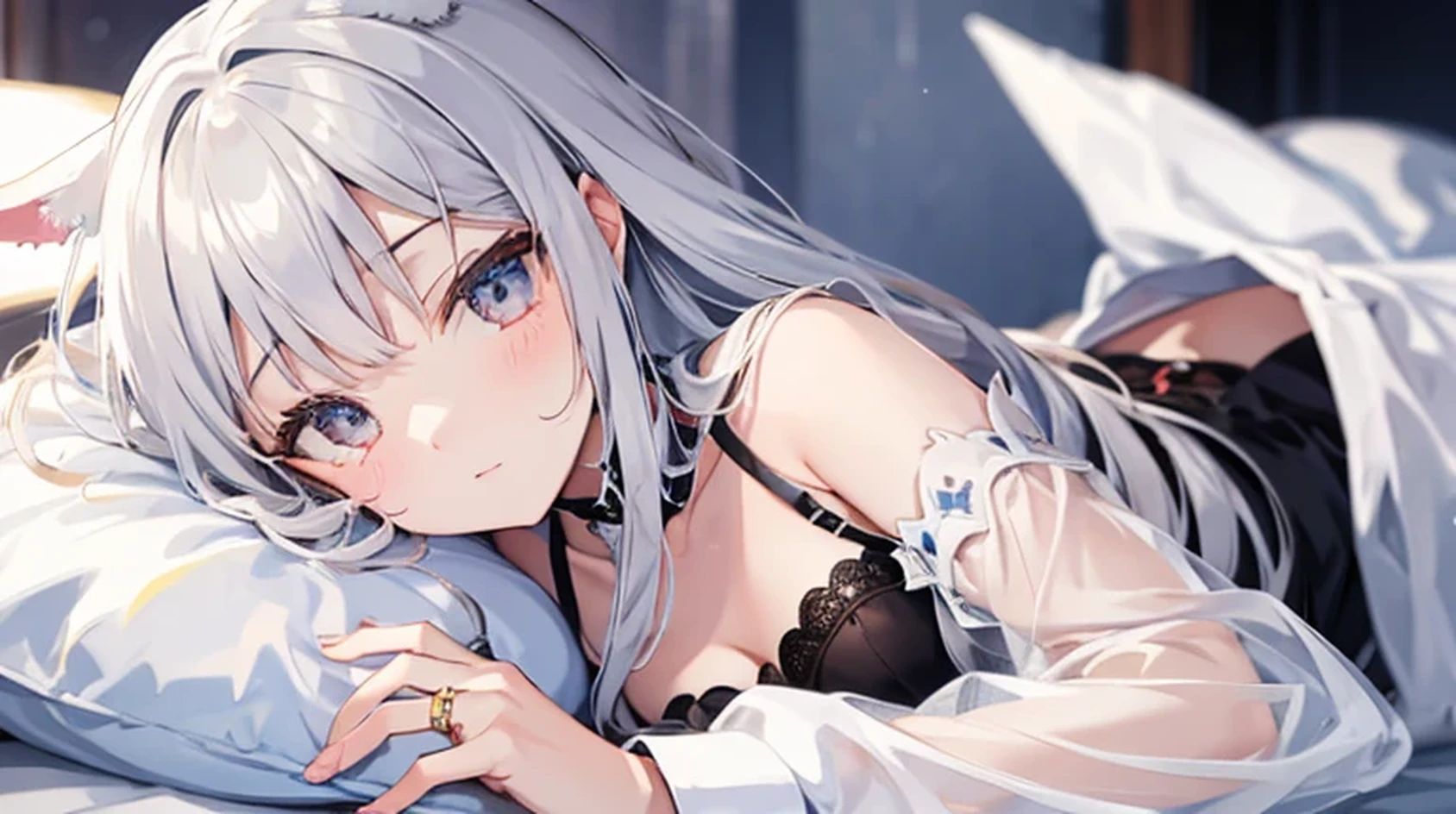 A cute white-haired dragon girl sitting on a bed, shaking her tail, extremely detailed face and eyes, beautiful eyelashes, detailed scales, intricate details, elegant dress, soft lighting, warm color tones, cinematic composition, fantasy art, digital art