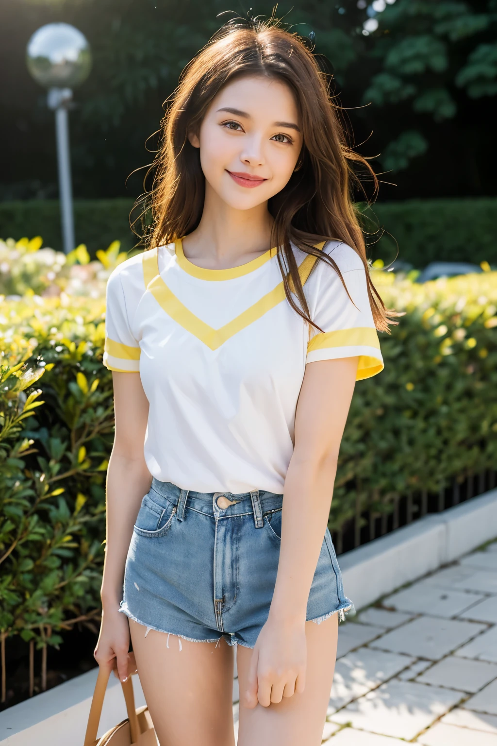 ((Mejor calidad)), ((obra maestra)), (detallado), cara perfecta ((Best quality)), ((masterpiece)), (detailed), perfect face In the photograph you can see a young brunette with dark hair, smiling, with bulging brown eyes and beautiful red lips. girl with princess appearance. Long wavy red hair. Wear yellow shorts and a white collared t-shirt, short socks, and blue shoes or sneakers. She is slim and has a beautiful figure, (((beautiful slim legs))). The photograph is taken in the garden, (((with yellow cinematic light at dusk))) the camera used is an X2D 100C with a 50mm Carl Zeiss Planar lens, photographing at f1.8.