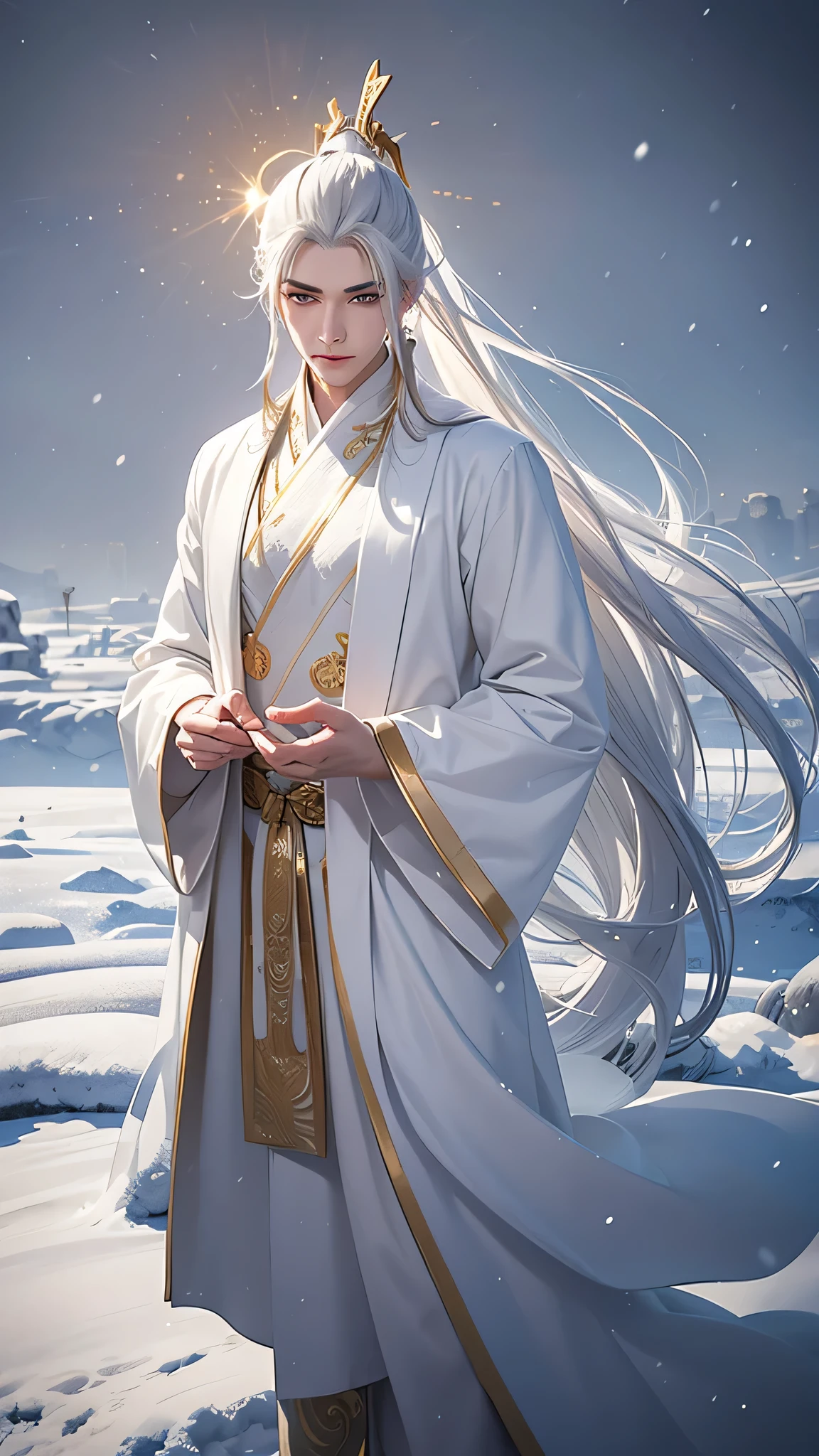 young man, God, 18 years, long white hair, Gathered in the tail, grey eyes, Thick eyebrows, tender look, bright skin, white and gold chinese robe, , golden brush, snowy aura, snow halo, magic, fantasy, walks on air