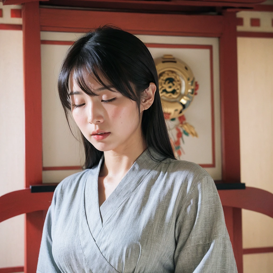 ((highest quality、8K、masterpiece:1.3))、Photoreal, sharp focus, High level image quality, High resolution, portrait, alone, japanese woman, Beautiful woman,  blouse、skirt、33 years old, semi-long、serious face、(((close your eyes、Gassho、Pray seriously to the Japanese gods)))、At the shrine