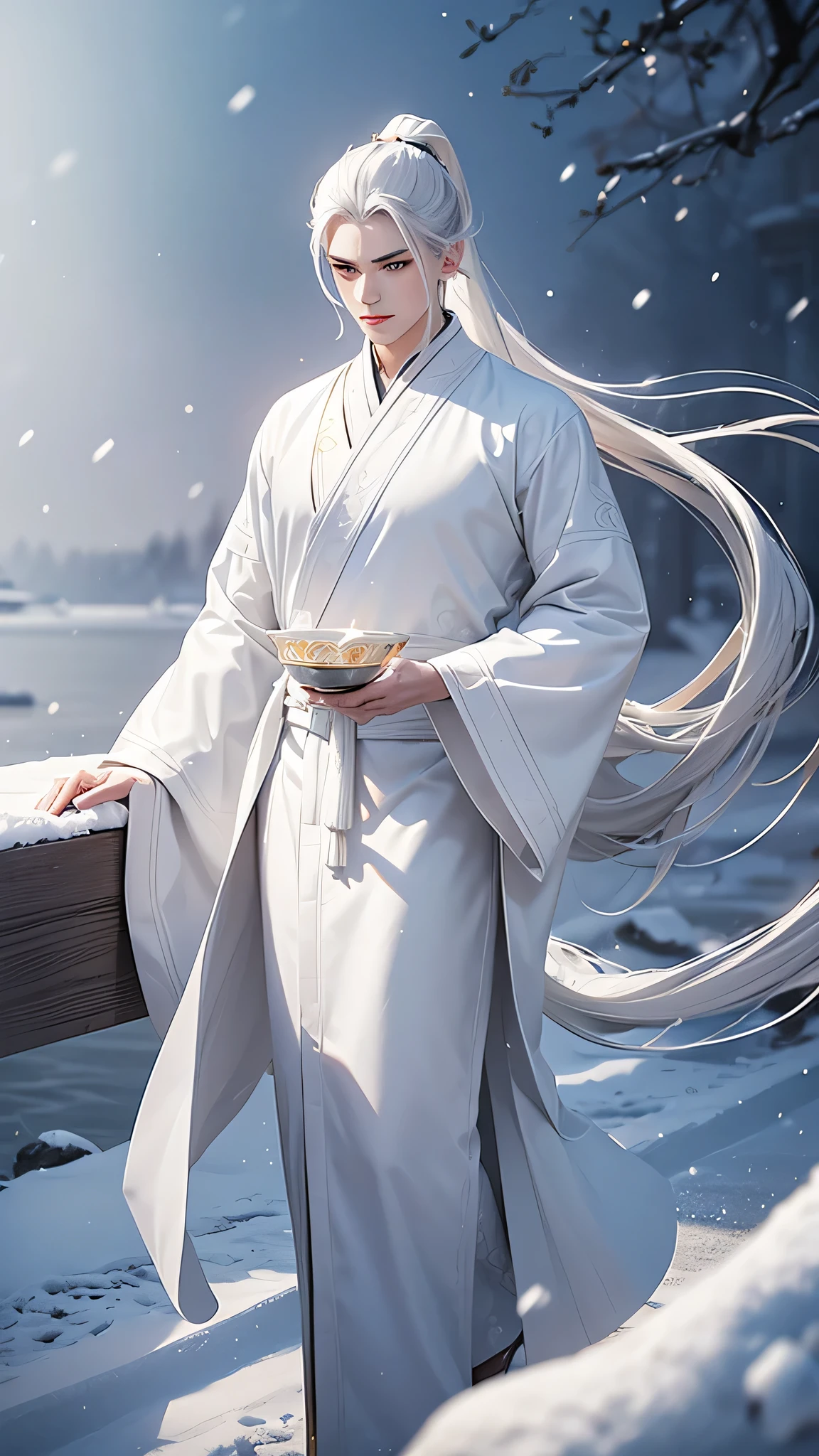 young man, God, 18 years, long white hair, Gathered in the tail, grey eyes, Thick eyebrows, tender look, bright skin, white and gold chinese robe, white calligraphy brush, snowy aura, snow halo, magic, fantasy, walks on air