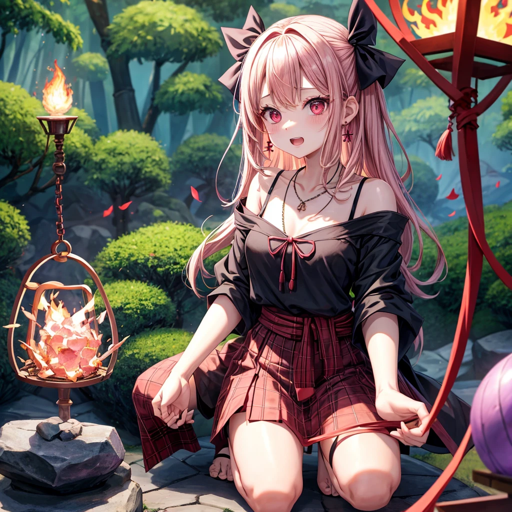pink black blonde、red eyes、one good looking girl、solo、anime、plaid mini skirt、black camisole、black t-shirt、kimono、wearing a ribbon、ribbon at waist、stone slabs are piled up、crystal earrings、jewelry necklace、Light and shadow、walking、clock、universe、vine plant、petal、tilting one&#39;s face、teeth are visible、fire spirit、book of magic、Cube、bamboo forest、lava、Plum blossom、squatting down