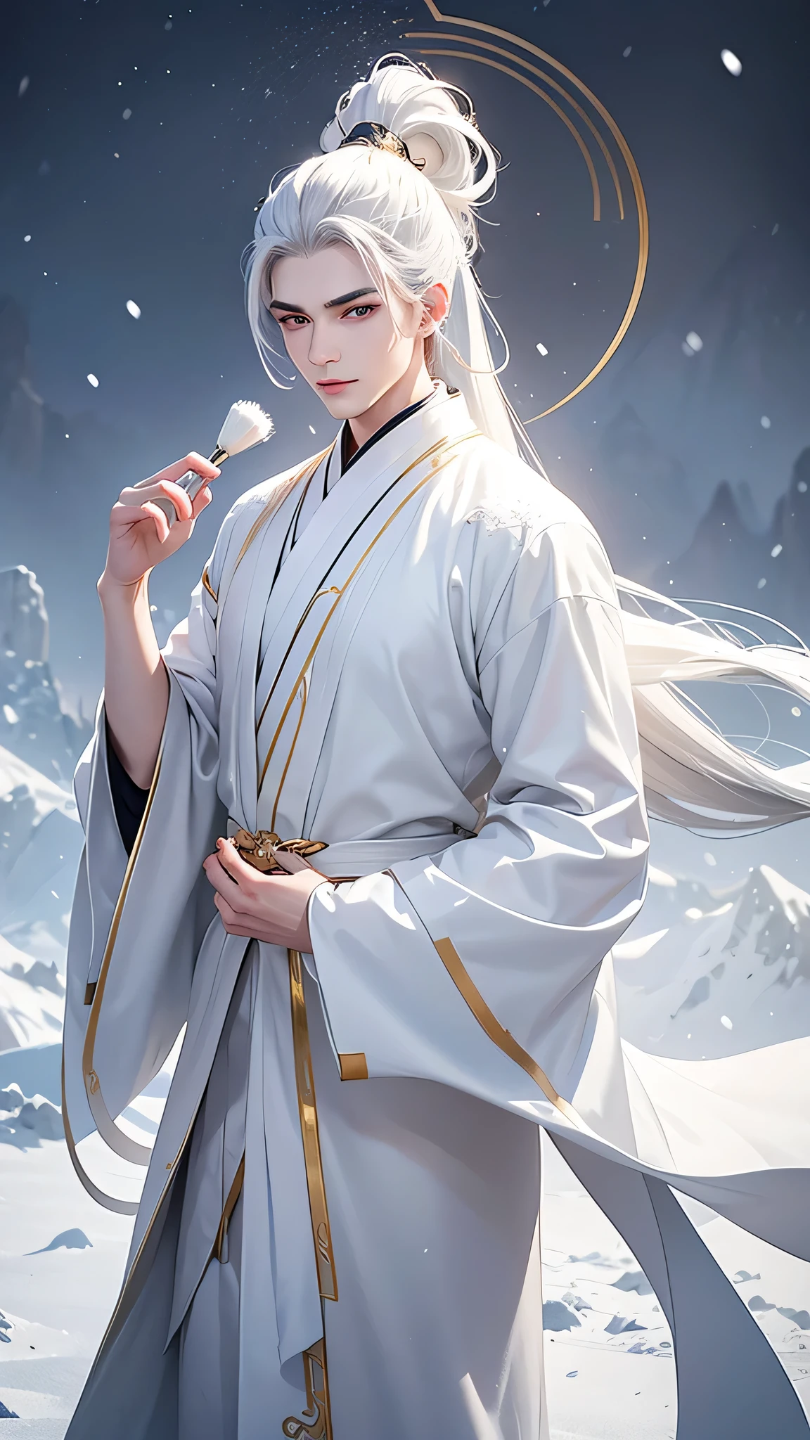 young man, God, 18 years, long white hair, Gathered in the tail, grey eyes, Thick eyebrows, tender look, bright skin, white and gold chinese robe, white brush, snowy aura, snow halo, magic, fantasy, walks on air