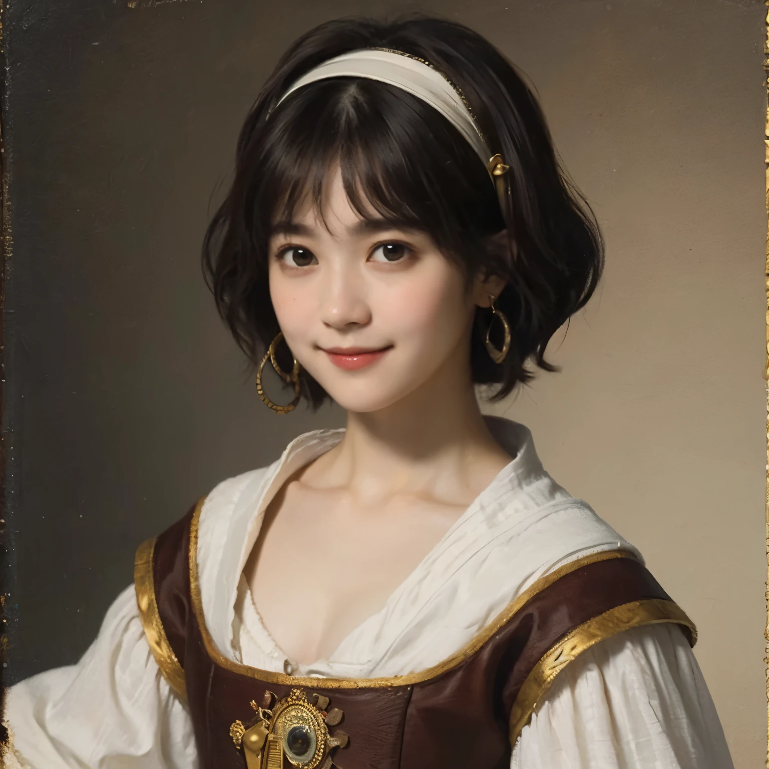 181 short hair, 20 year old female, gentle smile, (rembrandt style painting), (chest:1.2), long sleeve clothes
