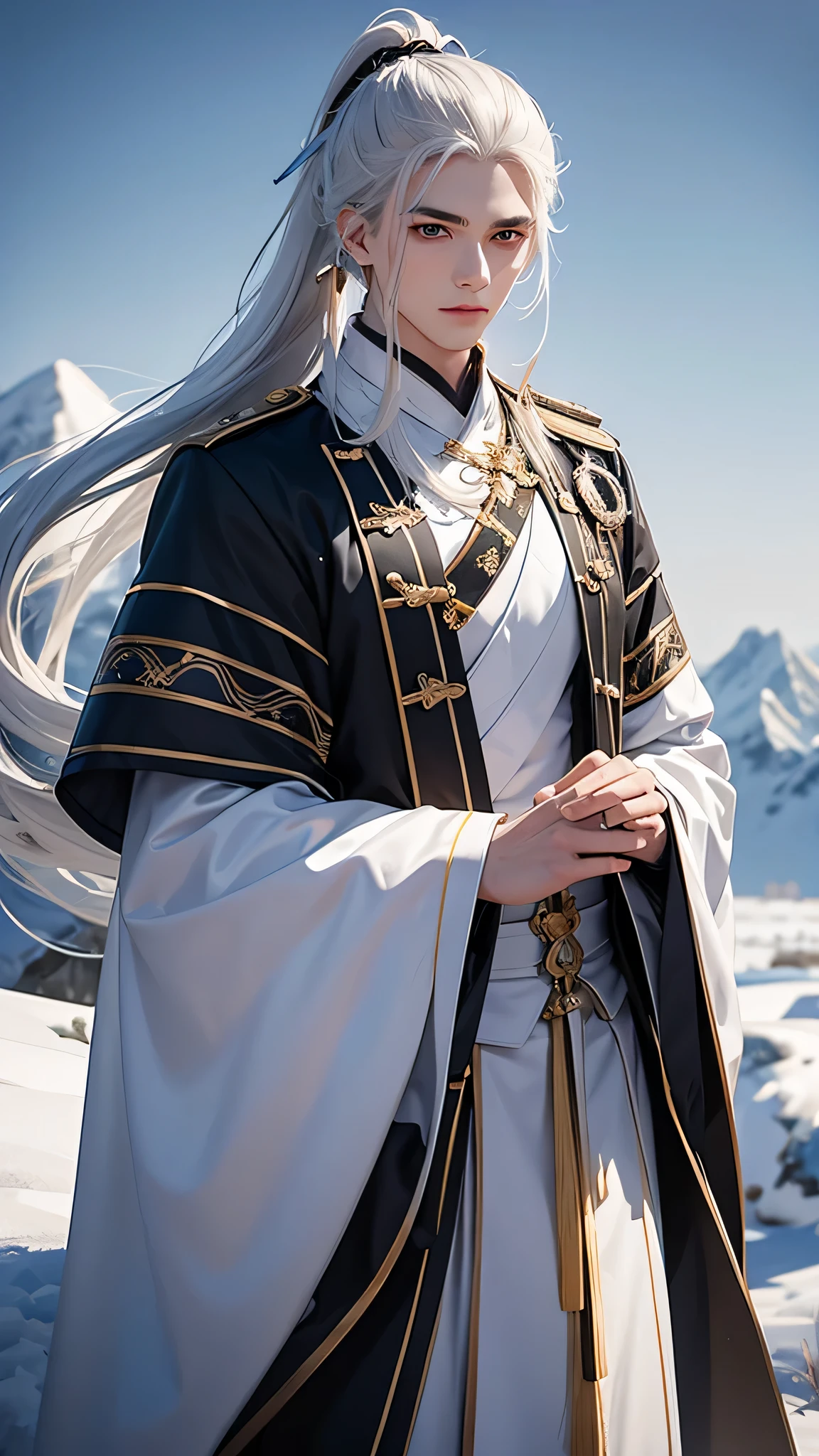 young man, man, 18 years, long white hair, Gathered in the tail, grey eyes, Thick eyebrows, tender look, bright skin, белая chinaская мантия, black brush, magic, fantasy, Snow, china, Snowy landscape in the background, on the shoulders of a pet white python