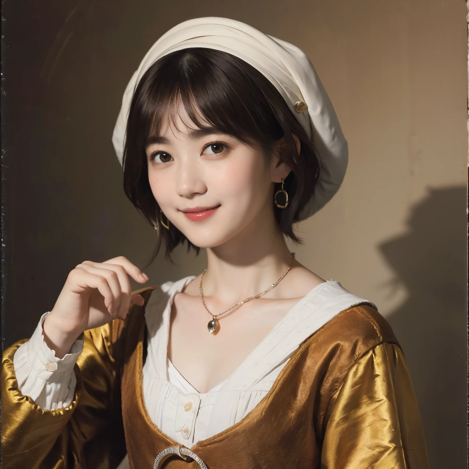 181 short hair, 20 year old female, gentle smile, (rembrandt style painting), (chest:1.2), long sleeve clothes