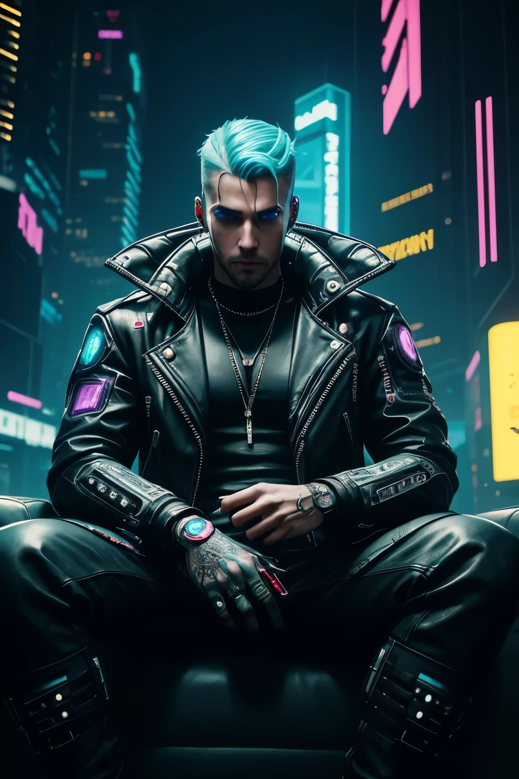 A man sitting on couch, corporate outfit, cyberpunk angry gorgeous man, Cyberpunk Style, , Cyberpunk 2 0 y. o model guy, cyberpunk aesthetics, Cyberpunk guy, has cyberpunk style, beautiful , cyberpunk horror style, cyberpunk photo, cyber punk style, Cyberpunk art style, cyber punk style, neon-light-effect.