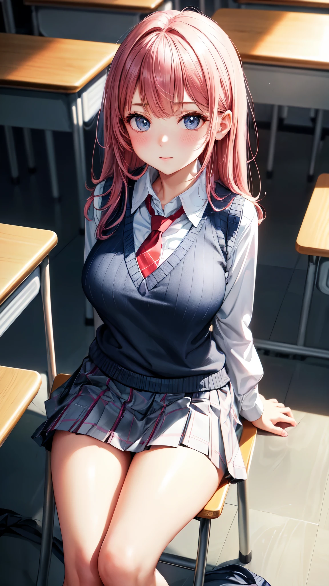 masterpiece, highest quality, Super detailed, figure,(1 girl),detailed and beautiful eyes, looking at the viewer, close, (chest focus), (turn your arms behind your back:1.2), (From above:1.1), pink hair, huge breasts, (chest comes out:1.3),high school girl、beautiful feet, beautiful fingers, (fine cloth texture, (navy knit vest), Red plaid tie, long sleeve white shirt with collar, Grey plaid pleated skirt), black socks, , (beautiful scenery), morning, (classroom) 、sit in a chair