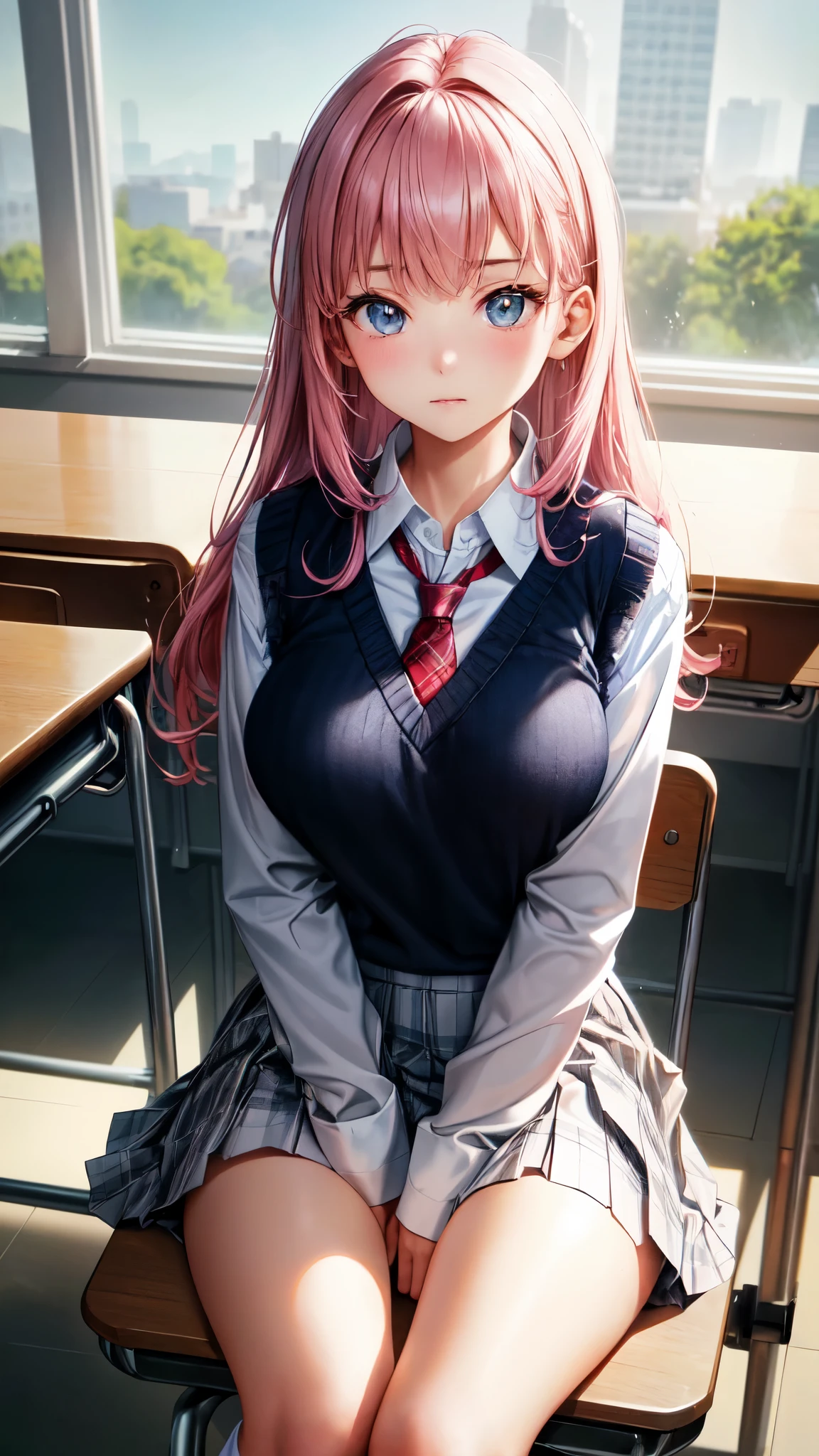 masterpiece, highest quality, Super detailed, figure,(1 girl),detailed and beautiful eyes, looking at the viewer, close, (chest focus), (turn your arms behind your back:1.2), (From above:1.1), pink hair、short hair, huge breasts, (chest comes out:1.3),high school girl、beautiful feet, beautiful fingers, (fine cloth texture, (navy blue jacket), Red plaid tie, long sleeve white shirt with collar, Grey plaid pleated skirt), black socks, , (beautiful scenery), morning, (classroom) 、sit in a chair