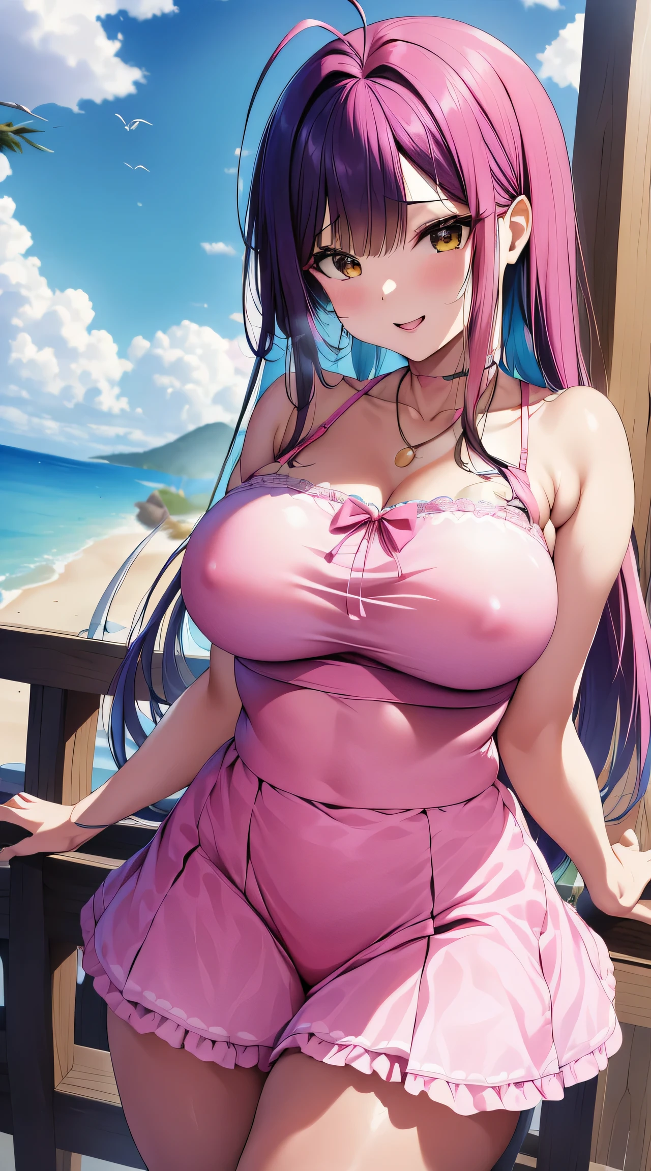 obra de arte, Melhor qualidade, high resolution, Amazake, (cabelo de antena:1.2), Sorriso, Seios enormes do umbigo Mazaki Anzo Kyoko Masaki / Yu Ji Oh! Cyan eyes Bright yellow bra Pink jacket Pink shorts necklace, gargantilha, assistir brincos olhos verdes