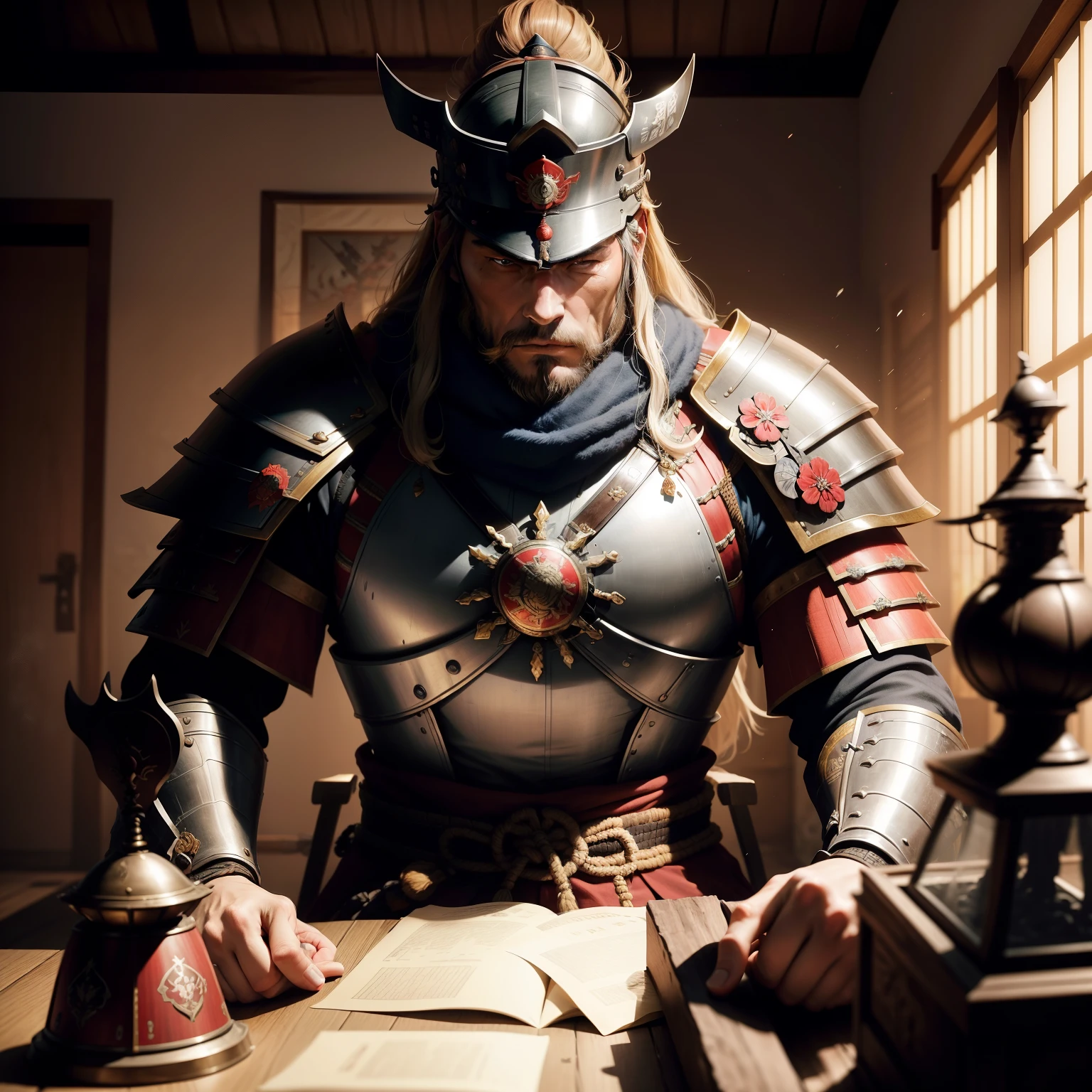 Sengoku warlord, Takeda Shingen - A powerful figure clad in armor, his stern face concealed beneath a helmet, wielding a mighty war fan. He sits upon a throne made of conquered weapons, his eyes scanning strategic maps spread across a long table. Surrounding him, samurai warriors stand at attention, ready to follow their lord into battle. The room is illuminated by flickering candles, casting a warm glow over the cold, stone walls. The scent of incense fills the air, as tensions run high in preparation for the next skirmish.